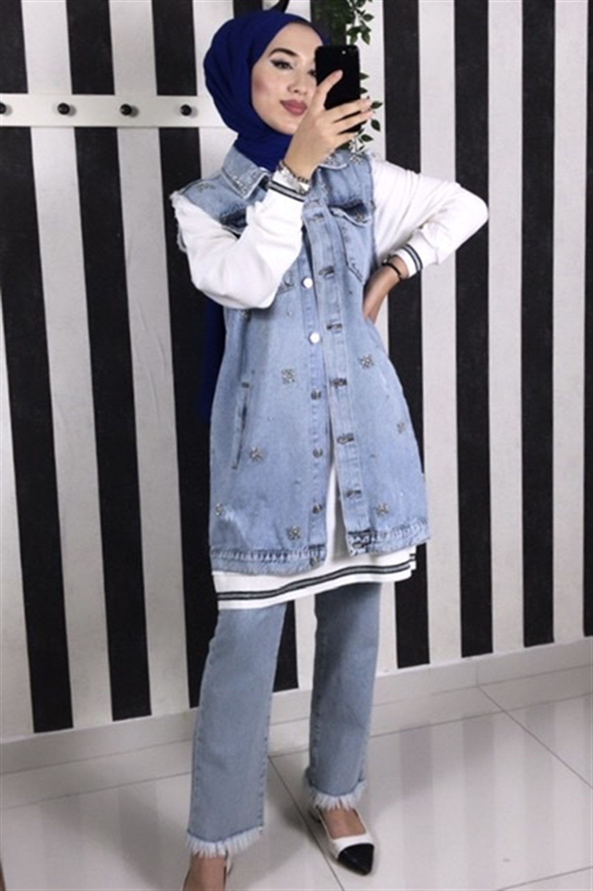 İKOLLİkoll 21612 Taşli Denim Yelek - Mavi