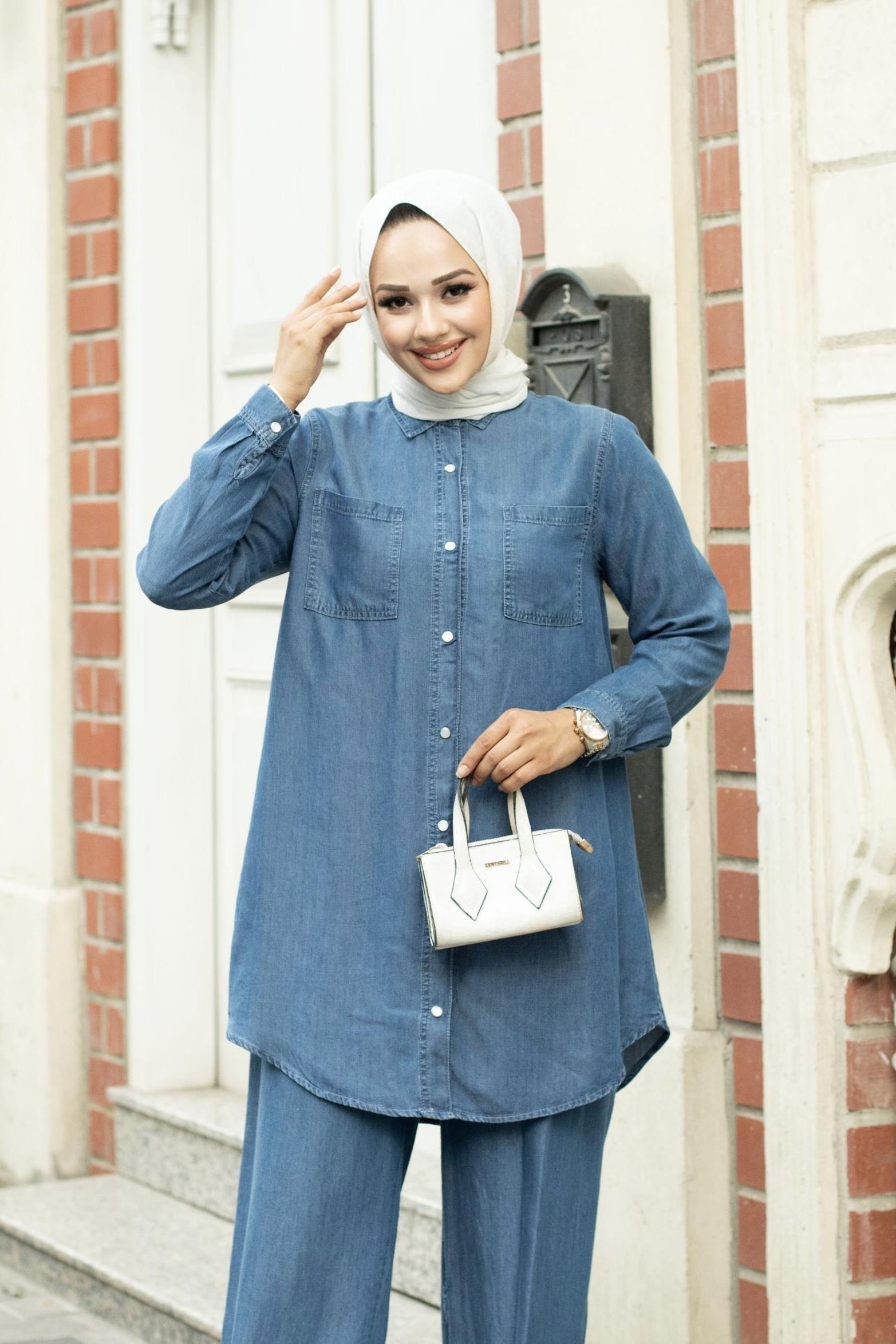 NOSHE İnce Kot Gömlek Tunik 5503 - Lacivert  Tunik 