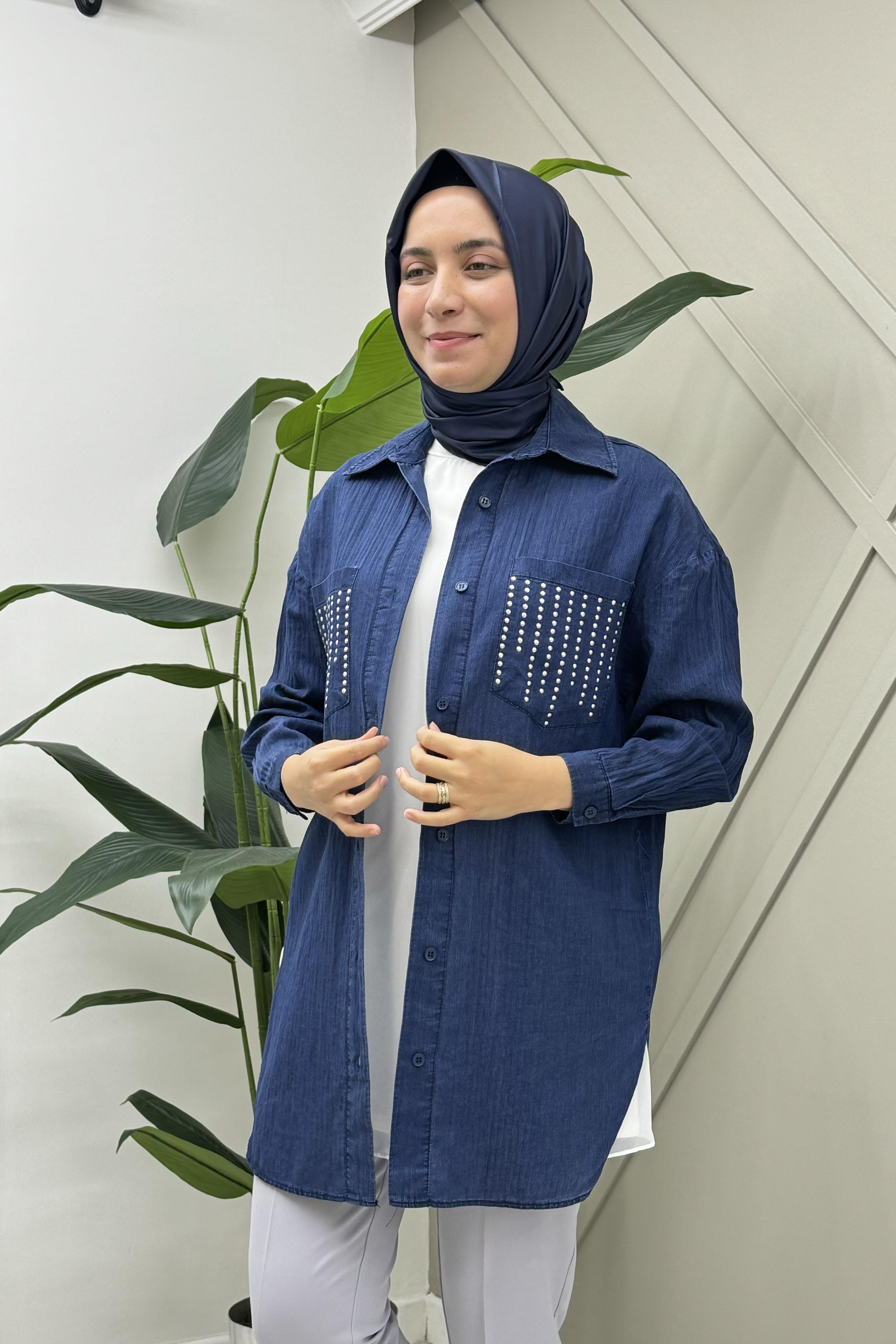 PUANE İnce Kot Görünümlü Düğmeli Gömlek Tunik 10496 - İndigo  Tunik 