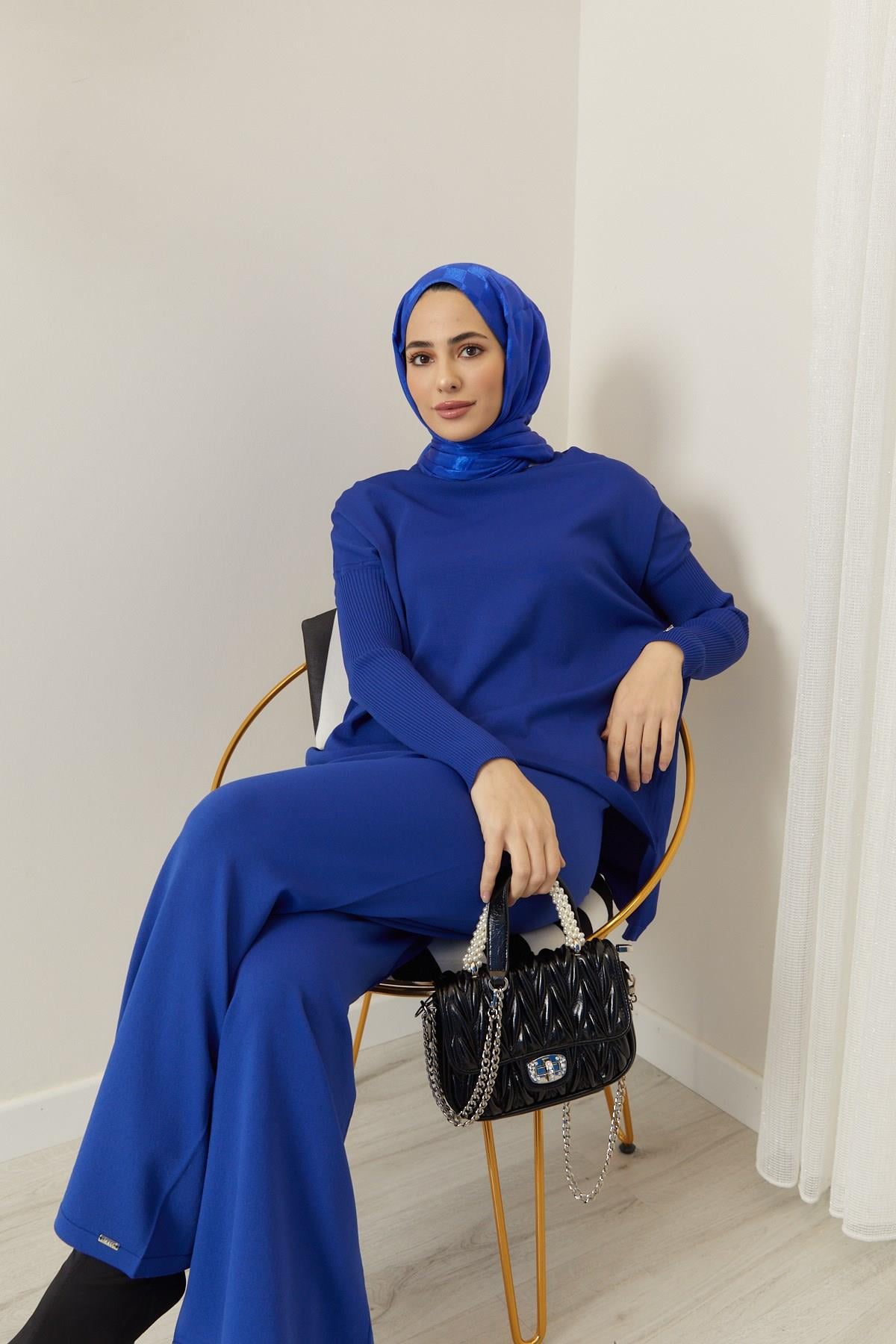İNVEE İnvee 5749 Bol Paça Triko Pantolon - Saks  Pantolon
