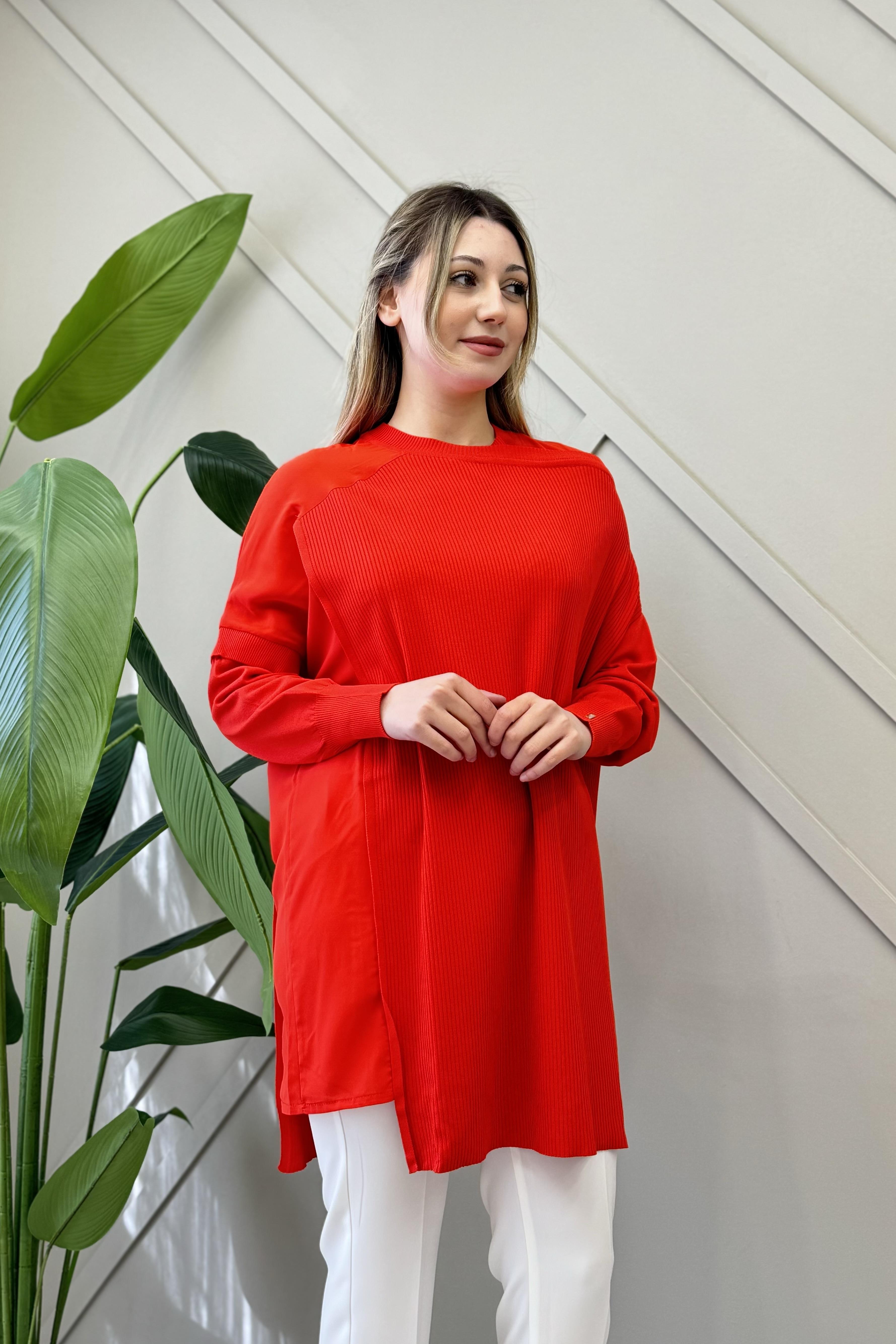 İNVEE İnvee 6250 Omuz Ve Kol Tül Detay Tunik - Kırmızı  Tunik