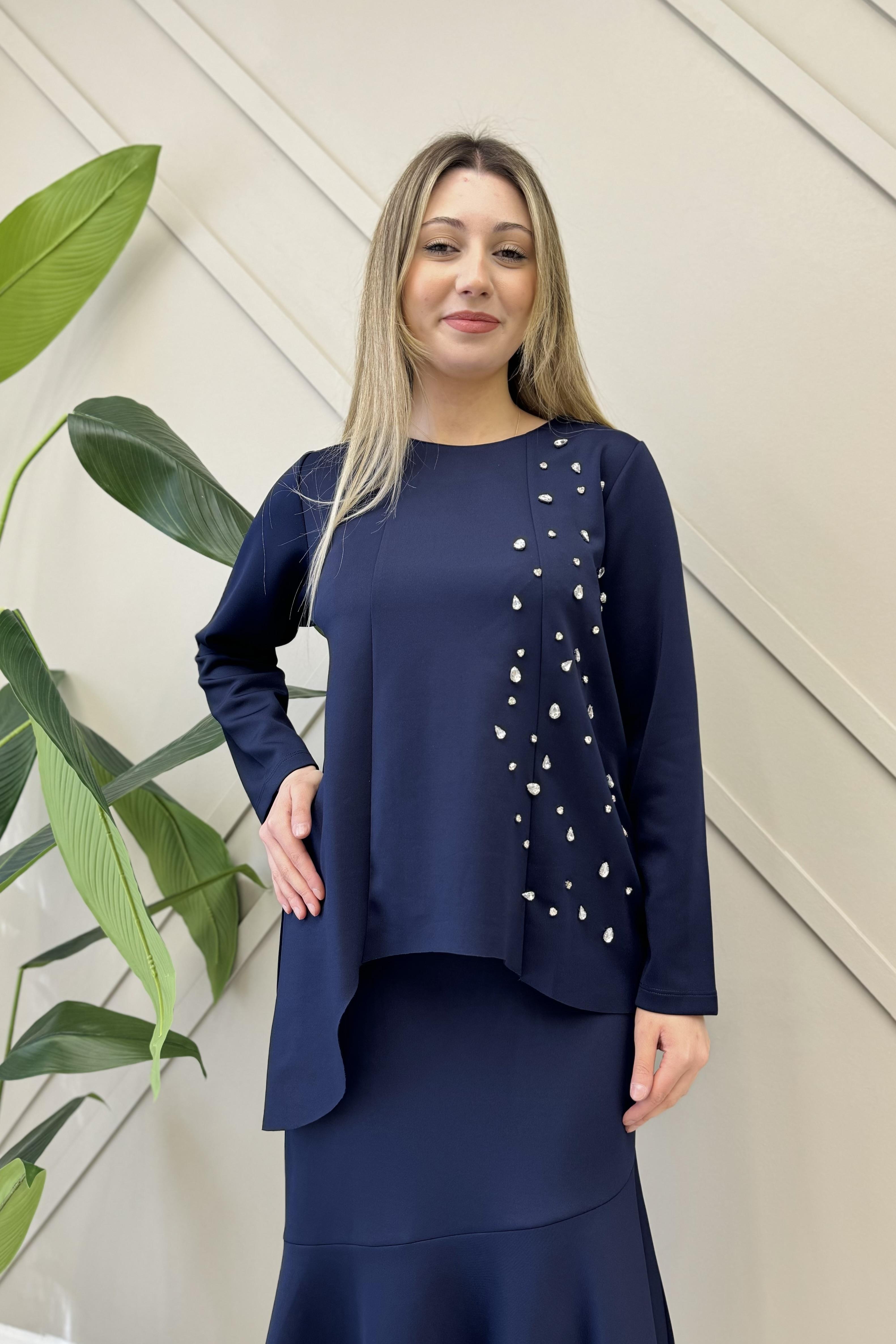 İNVEE İnvee 6746 Taş Detaylı Scuba Bluz - Lacivert  Bluz & Gömlek