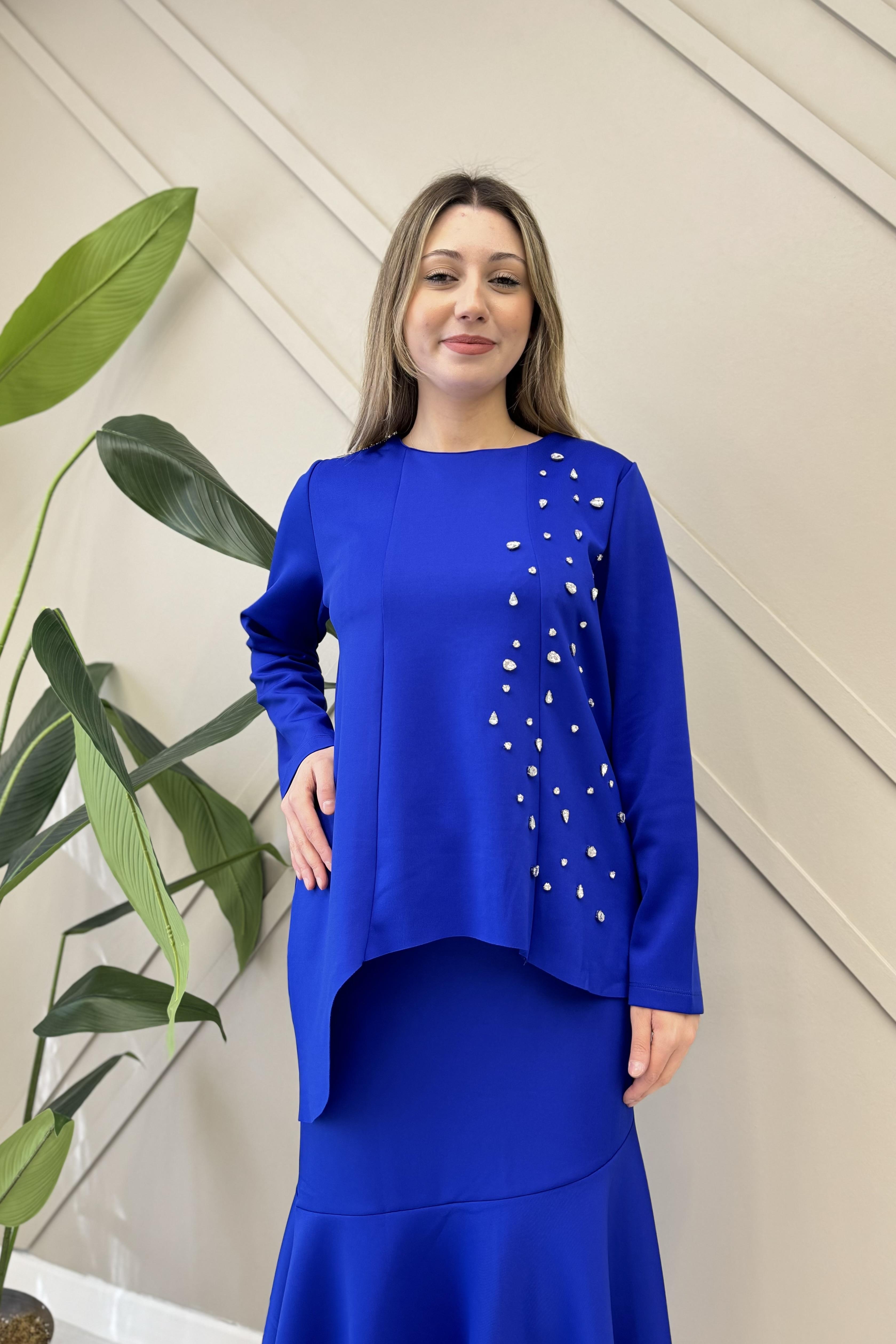 İNVEE İnvee 6746 Taş Detaylı Scuba Bluz - Saks  Bluz & Gömlek