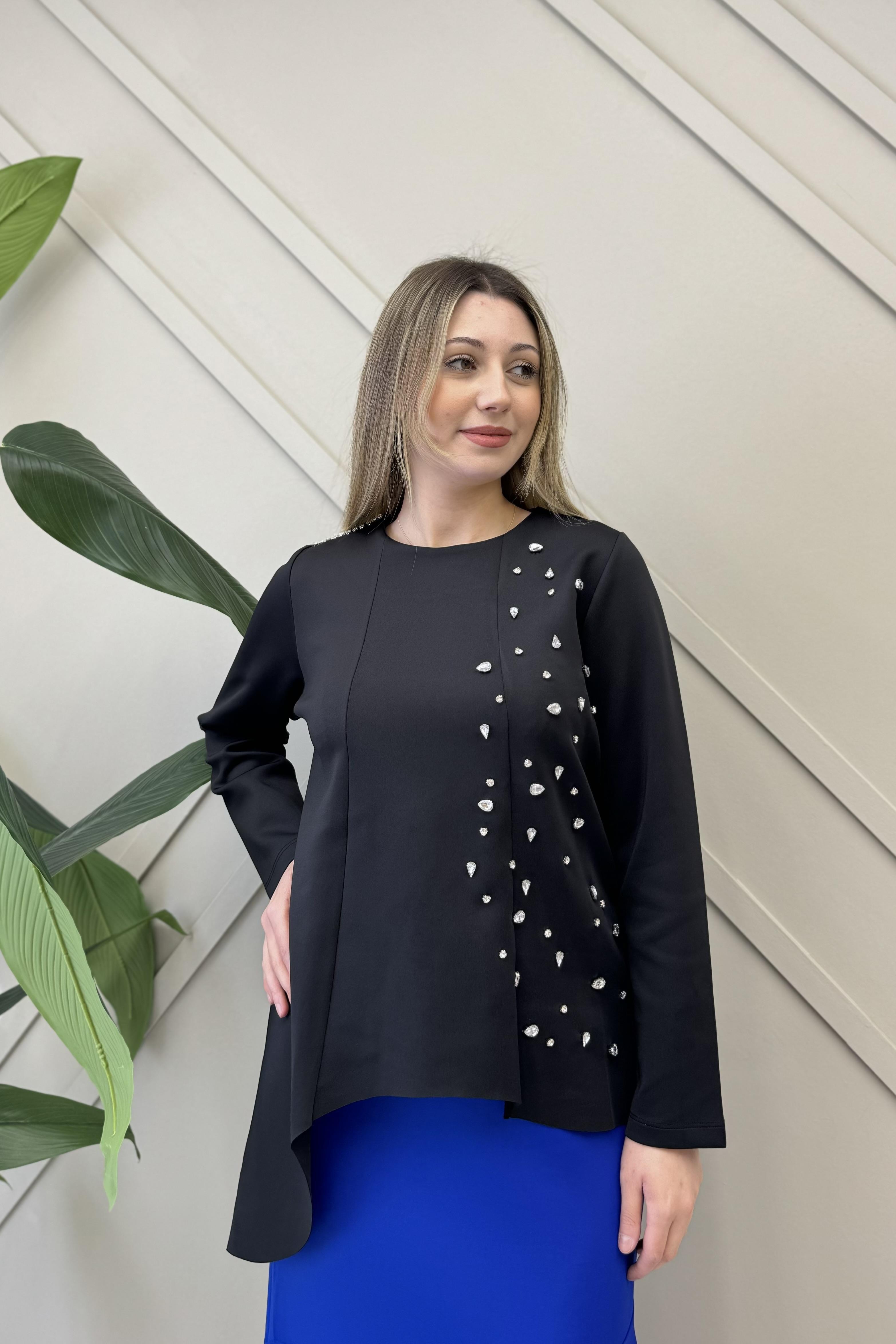 İNVEE İnvee 6746 Taş Detaylı Scuba Bluz - Siyah  Bluz & Gömlek