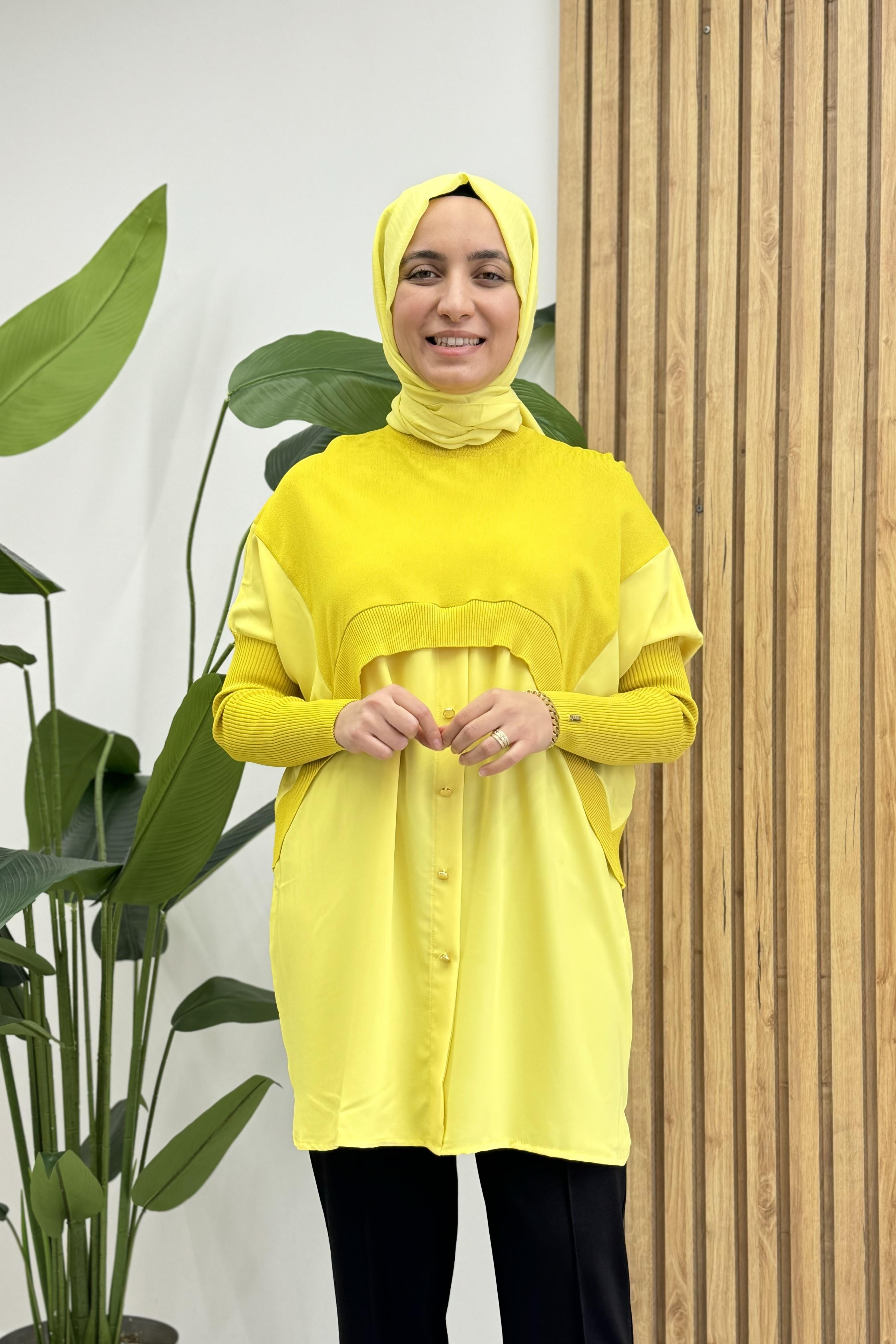 İNVEE İnvee 6883 Eteği Gömlek Detay Triko Tunik - Sarı  Tunik