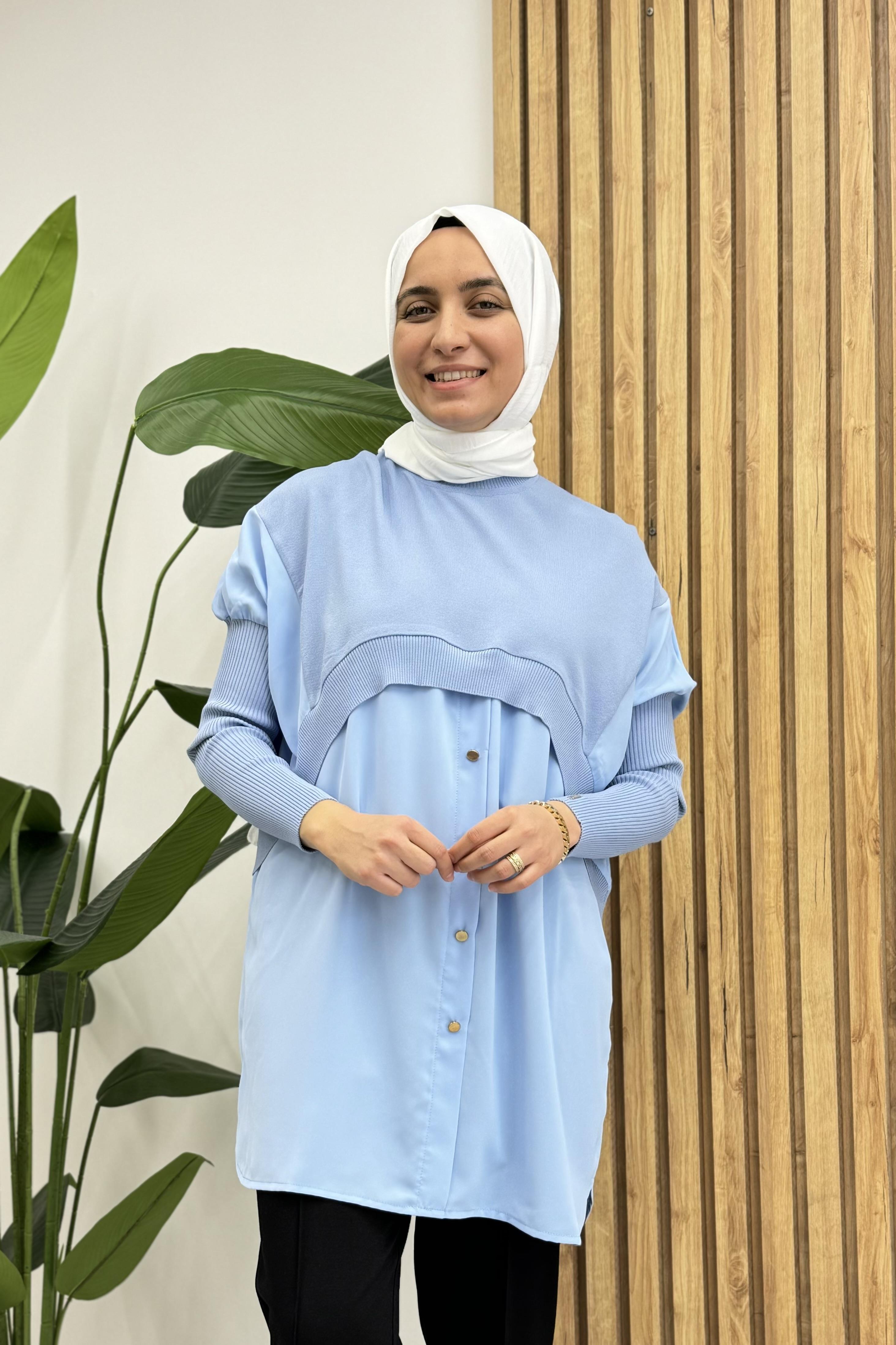 İNVEE İnvee 6883 Eteği Gömlek Detay Triko Tunik - Mavi  Tunik