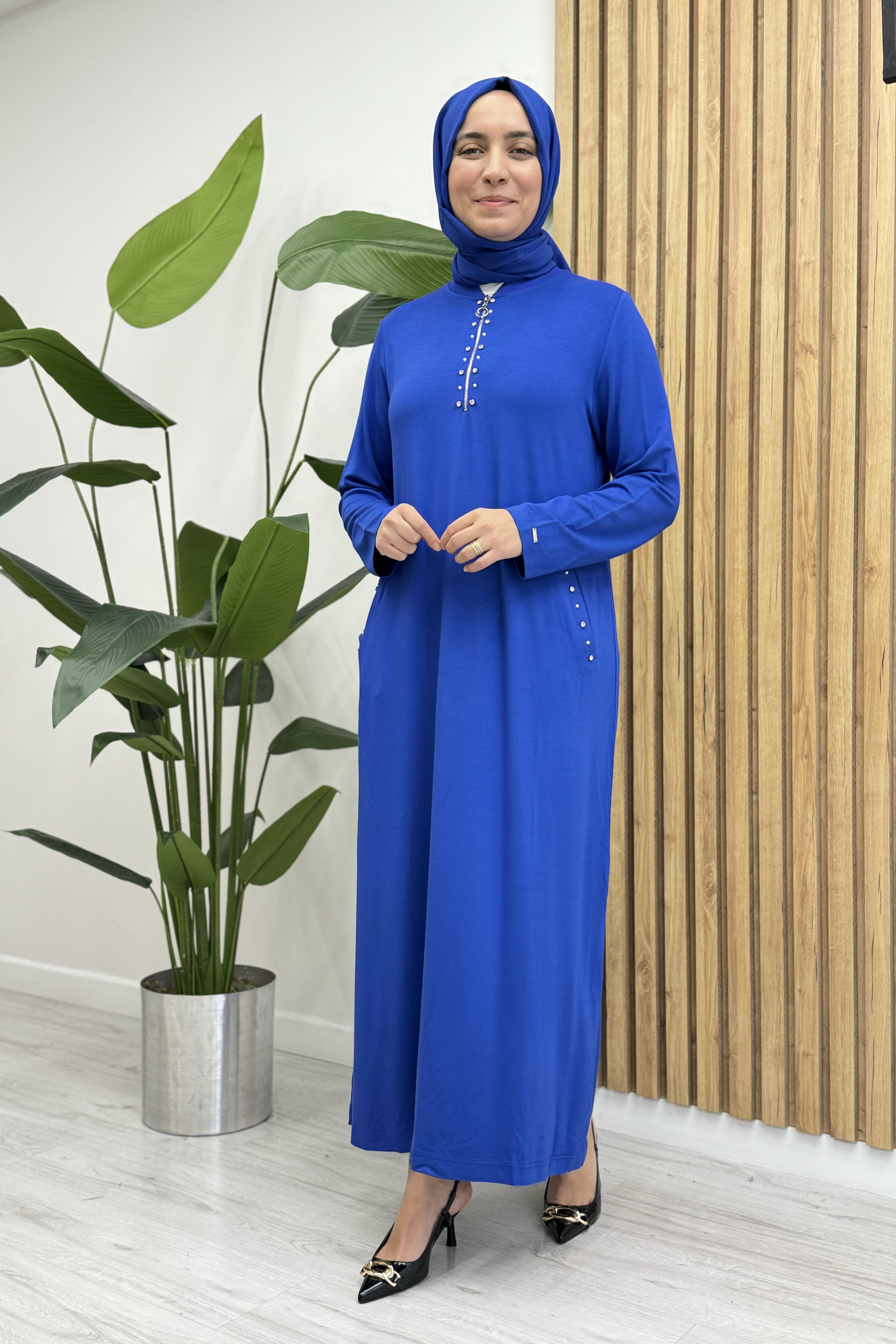 İNVEE İnvee 6937 Yarım Fermuar Taşlı Elbise - Saks  Elbise