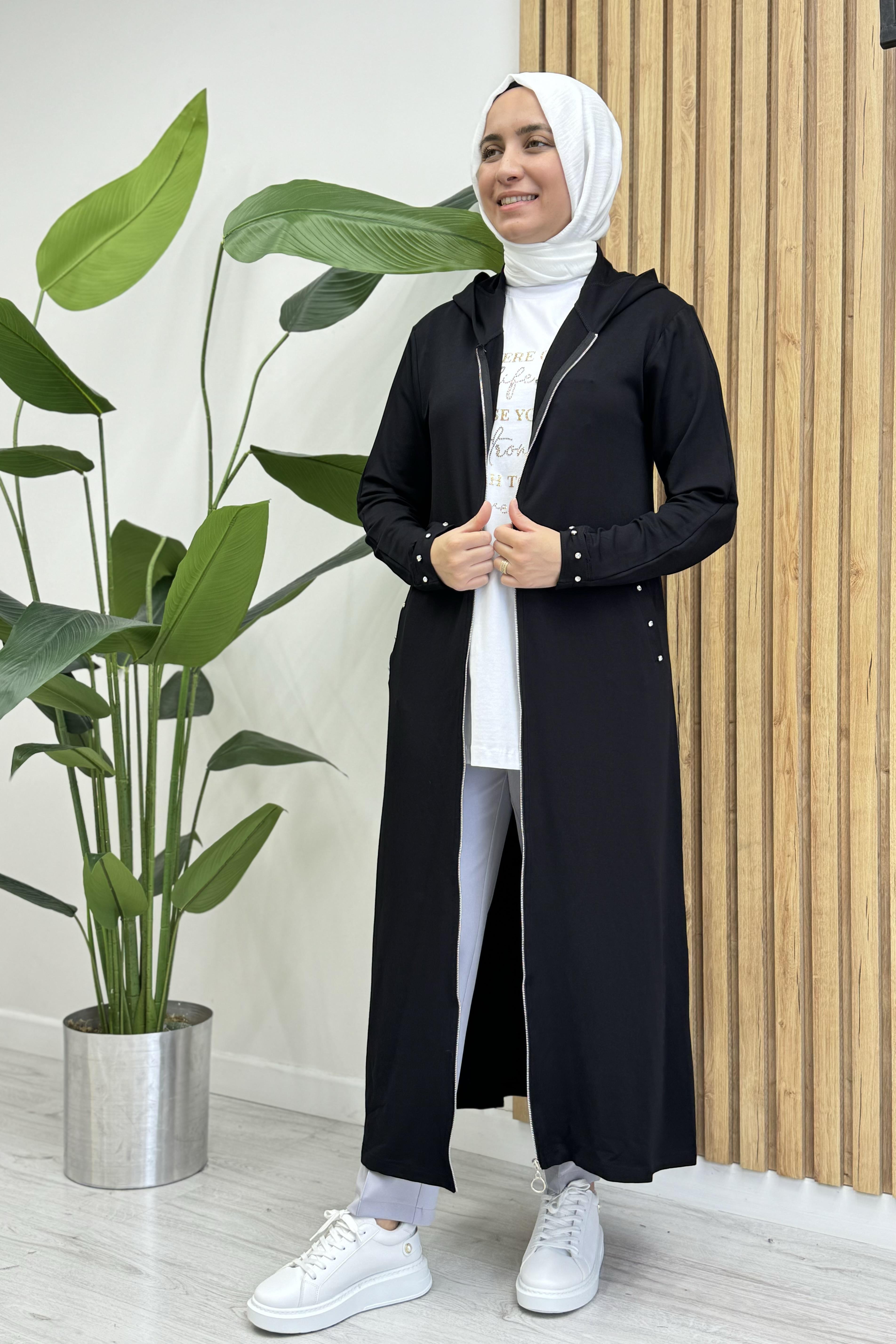 İNVEE İnvee 6953 Cep Ve Kol Taş İşlemeli Fermuarlı Kap - Siyah  Kap