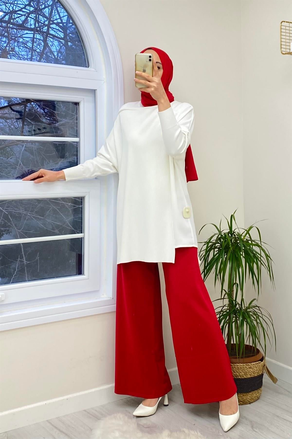 İNVEE İnvee 5749 Bol Paça Triko Pantolon - Kırmızı  Pantolon