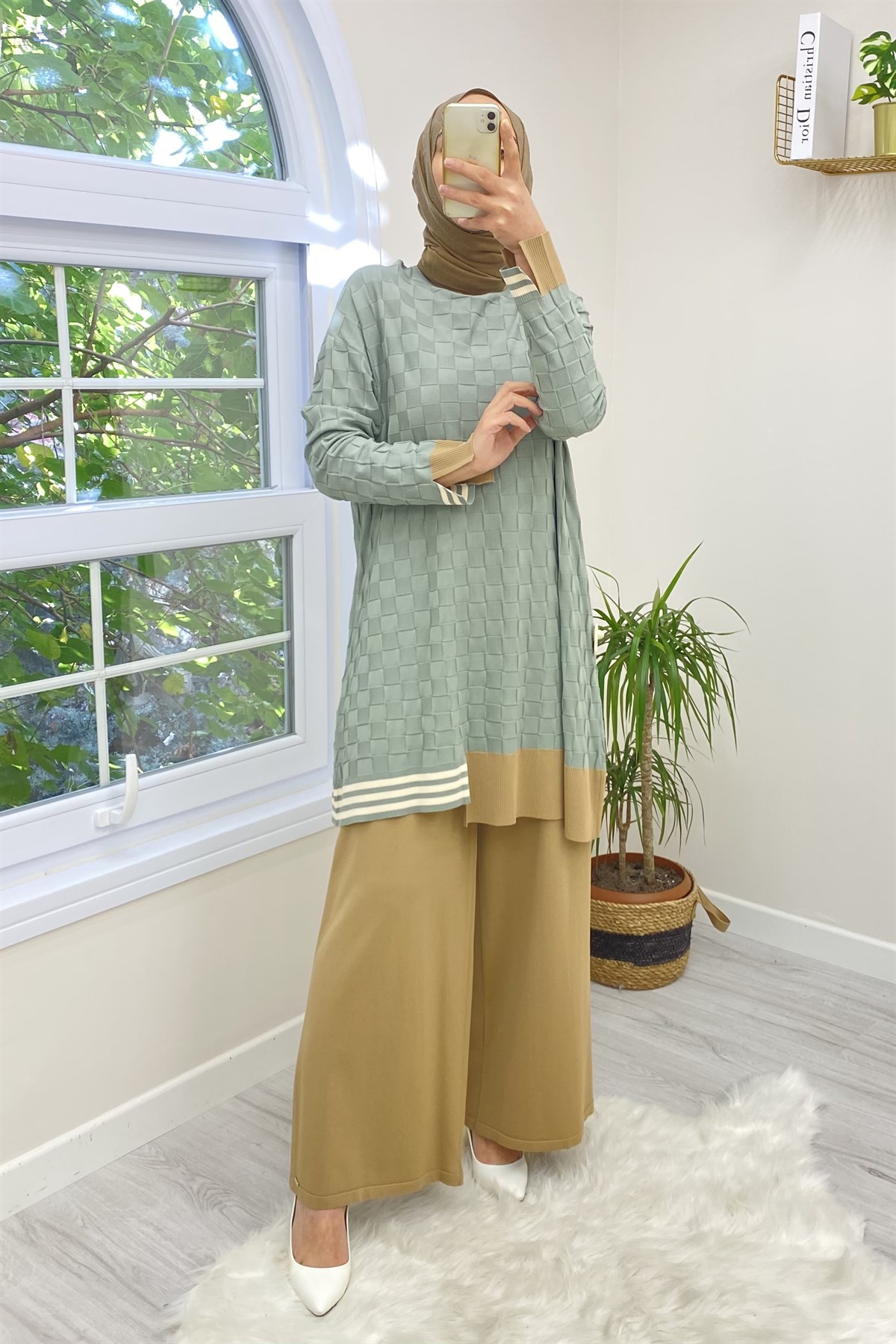 İNVEE İnvee 6401 Kendinden Kare Desen Tunik - Küf Rengi