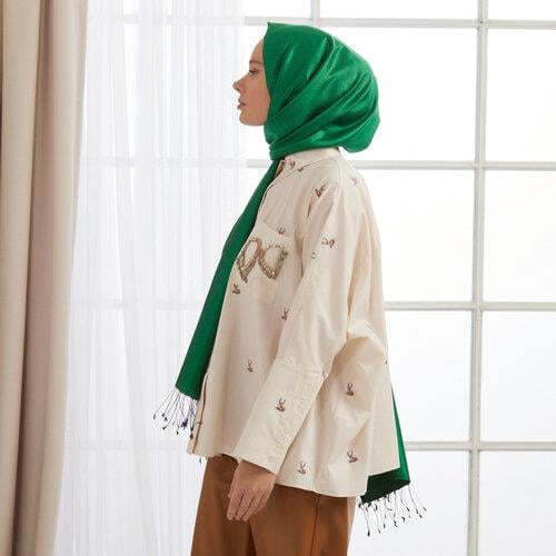 İPEKEVİ İpekevi 00927 Çift Taraflı İpek Şal - Zümrüt Yeşili  Şal 