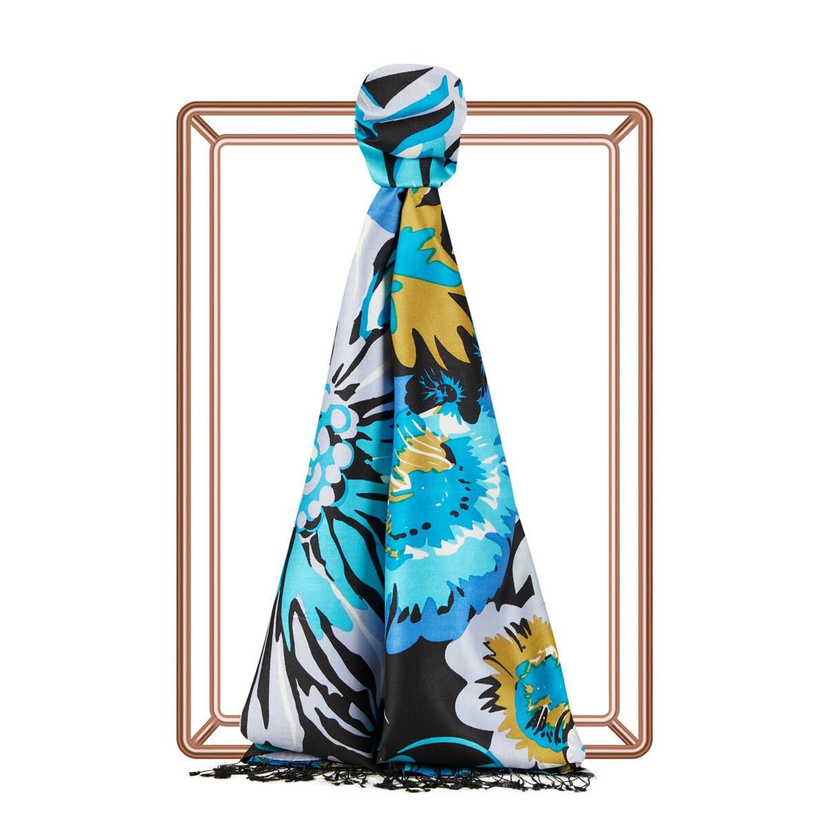 İPEKEVİ İpekevi 06111 Nihavent Desenli İpek Şal - Siyah Turkuaz  Şal 