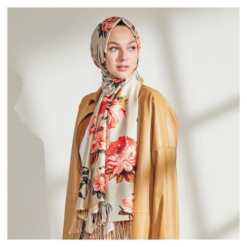 İPEKEVİ İpekevi 07801 Camellia Desenli İpek Şal - Vizon  Şal 