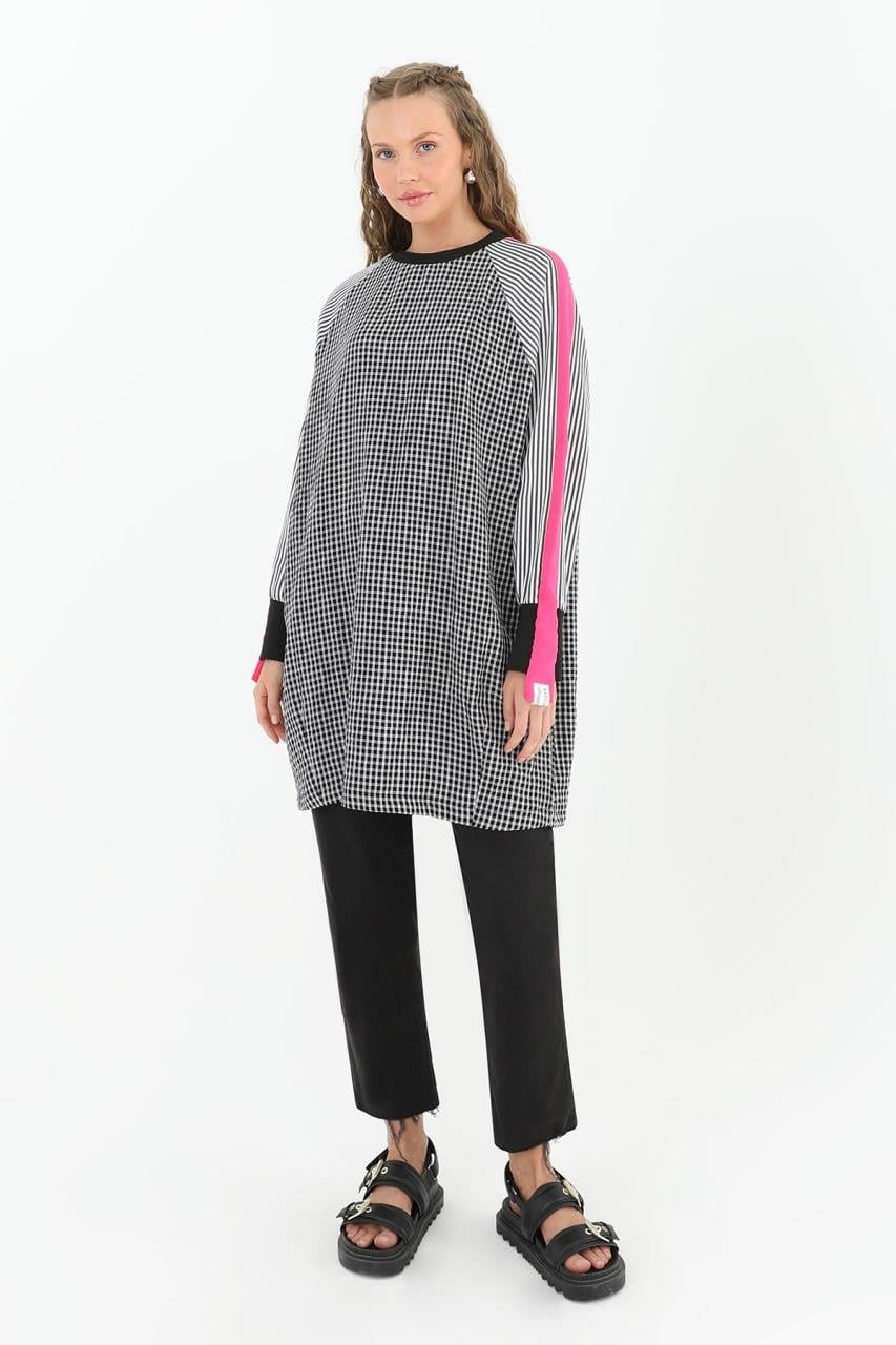 PUANE Kol Çizgi Detay Pötikare Tunik 10531 - Siyah - Fuşya  Tunik 