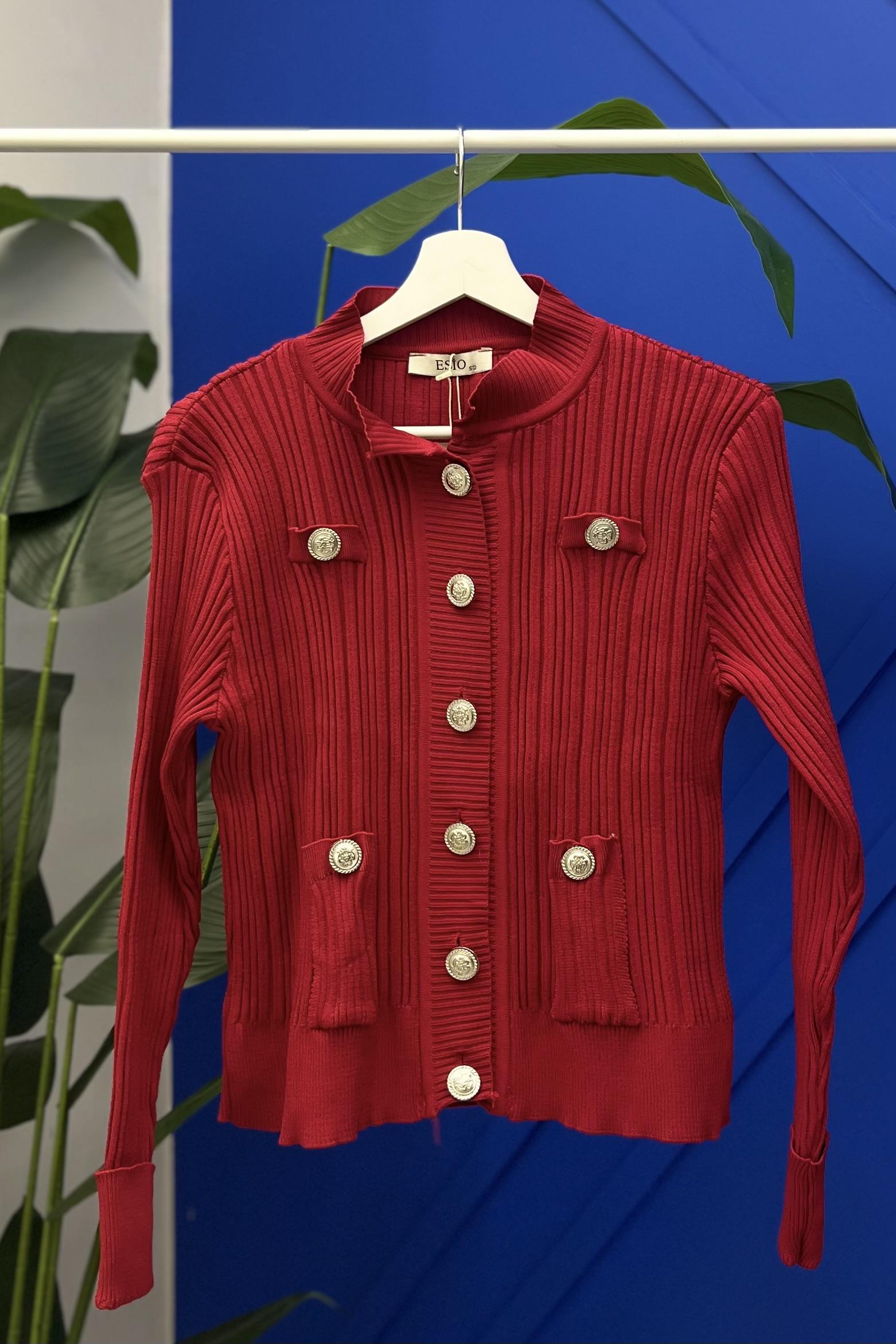 Kol Katlama Detaylı Cep Düğmeli Hırka - Kırmızı Bilen Giyim