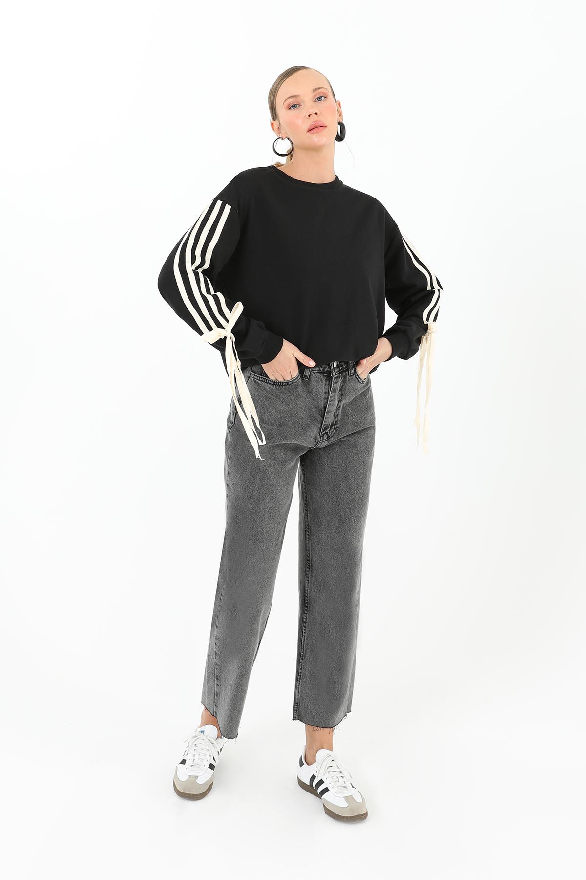 PUANE Kol Şerit Ve Bağcık Detaylı Sweat 31997 - Siyah  Sweatshirt 
