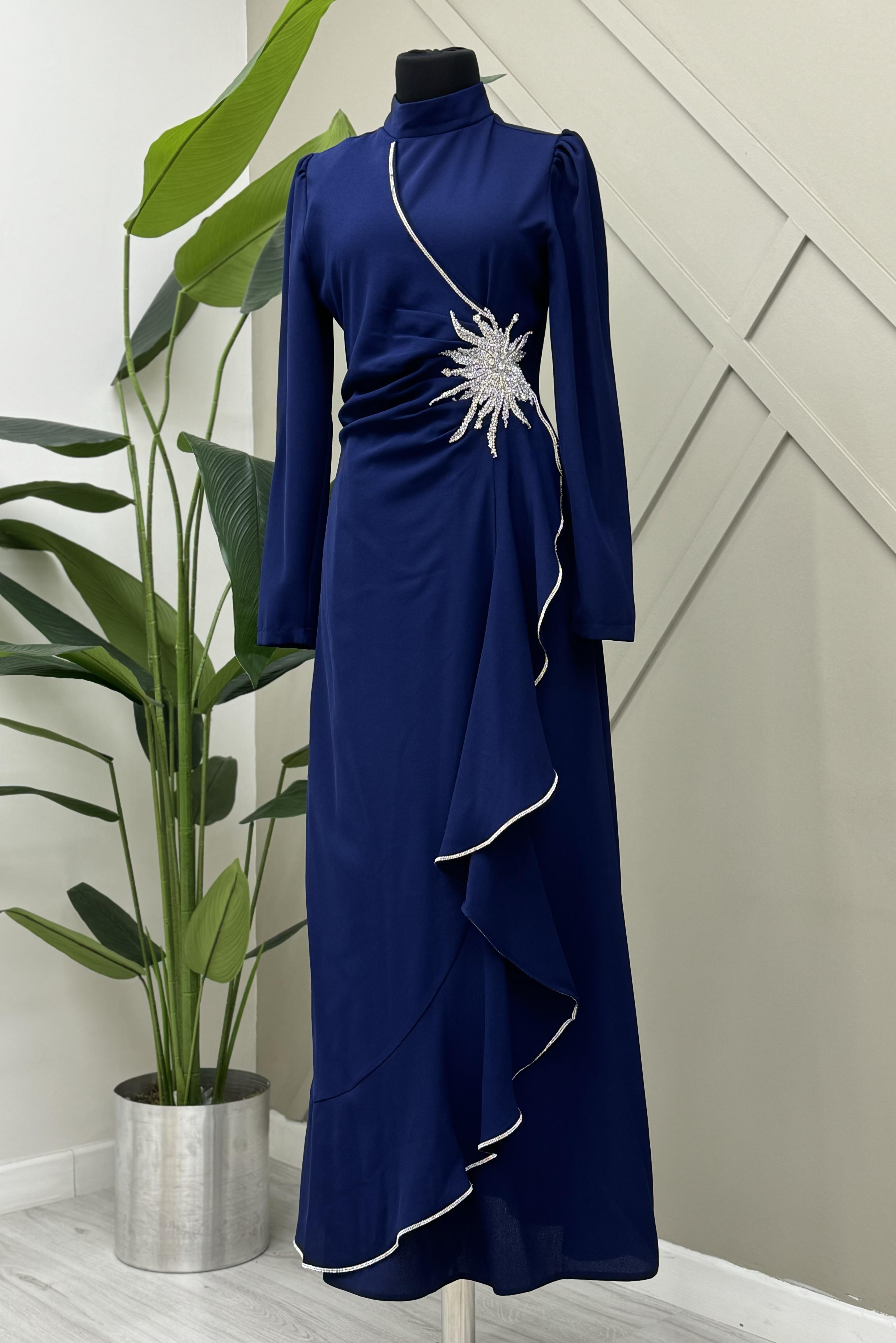 Tane Krep Bel Çiçekli Elbise 4495 - Lacivert  Abiye Grubu 