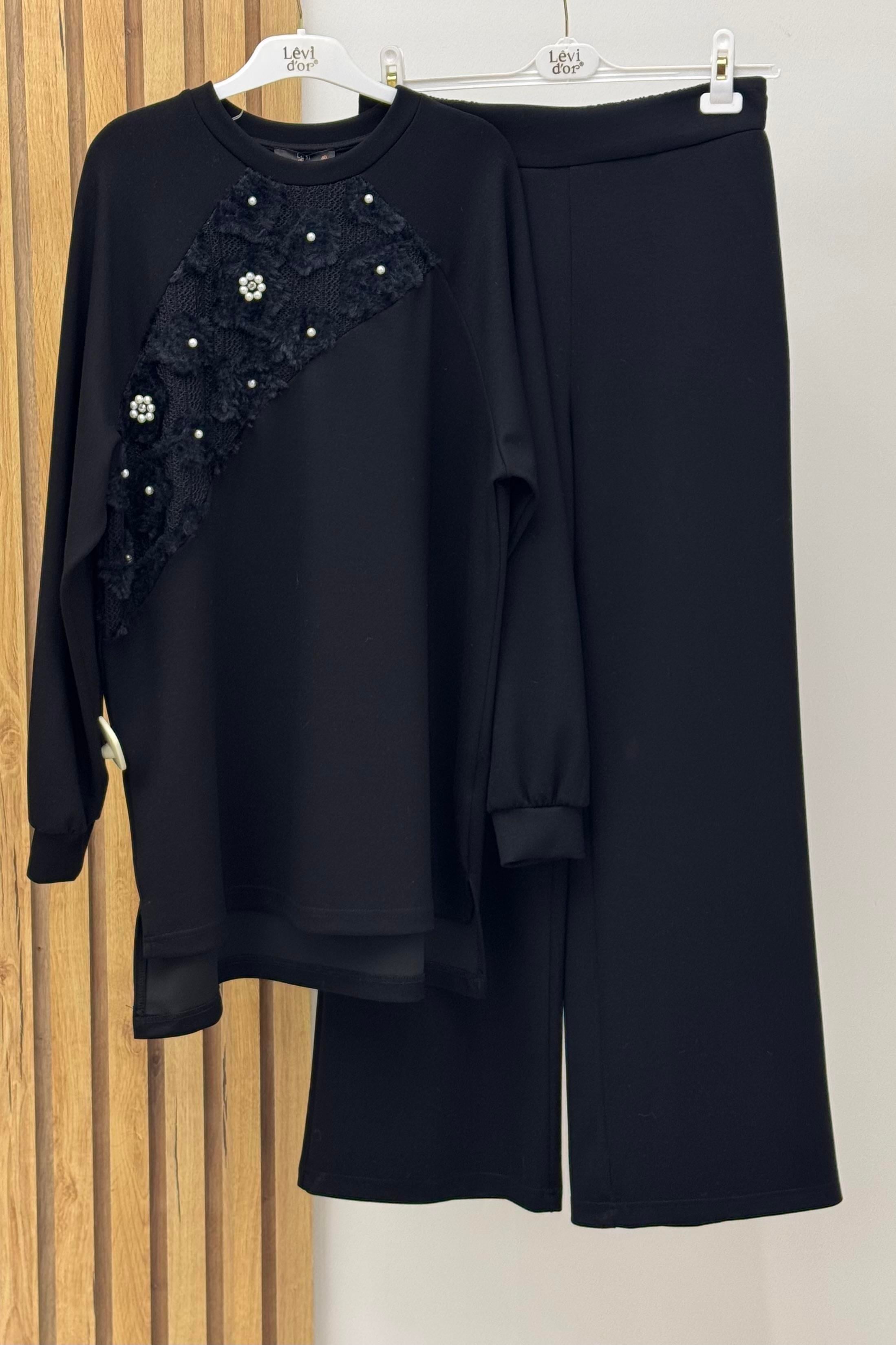 LEVİDOR Levidor 100648 Önü Dantel Ve İnci Detay Pantolonlu Takım - Siyah  Takım 