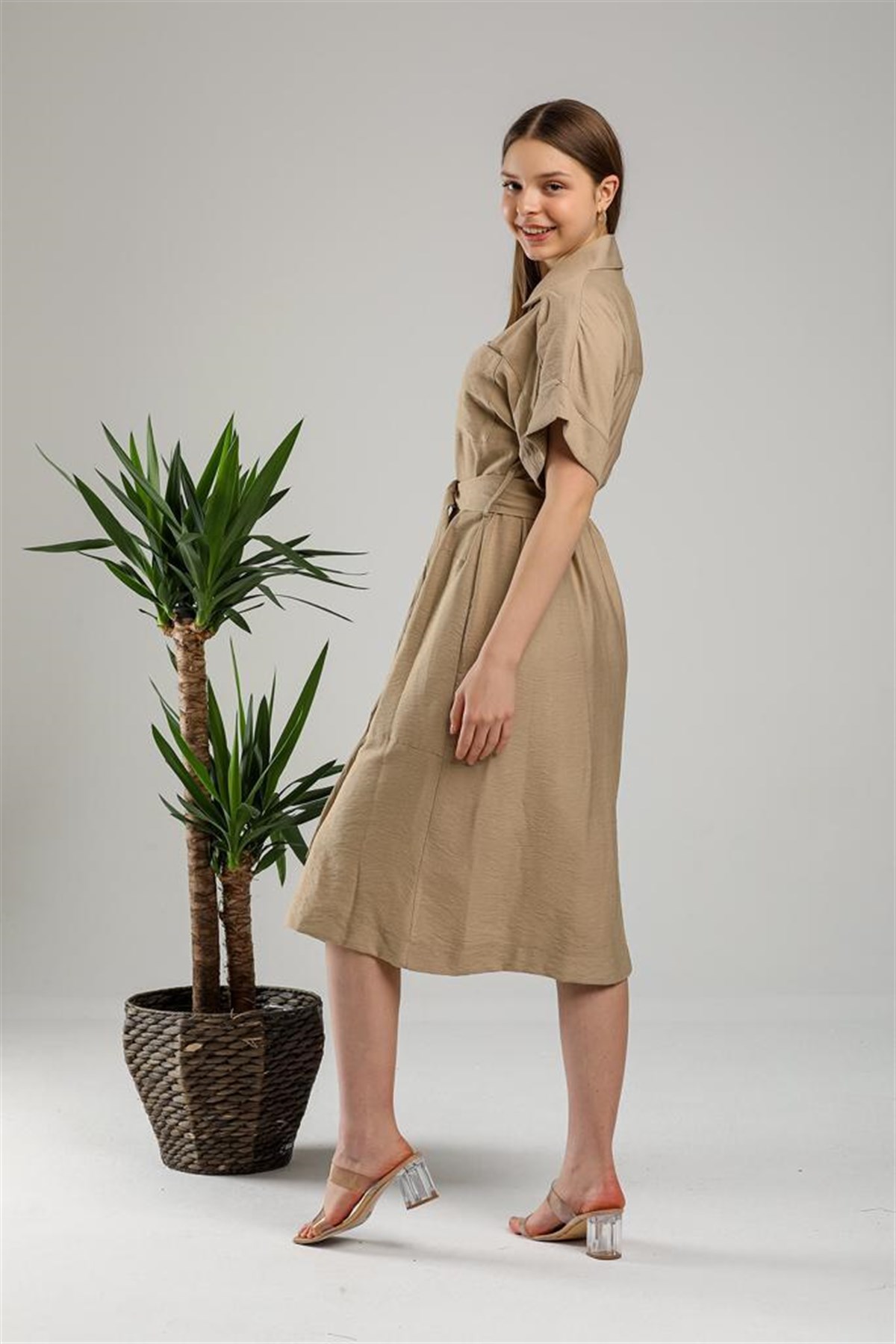 Machek 5611 Safari Model Cepli Keten Elbise - Vizon Elbise MACHEK - Bilen  Giyim