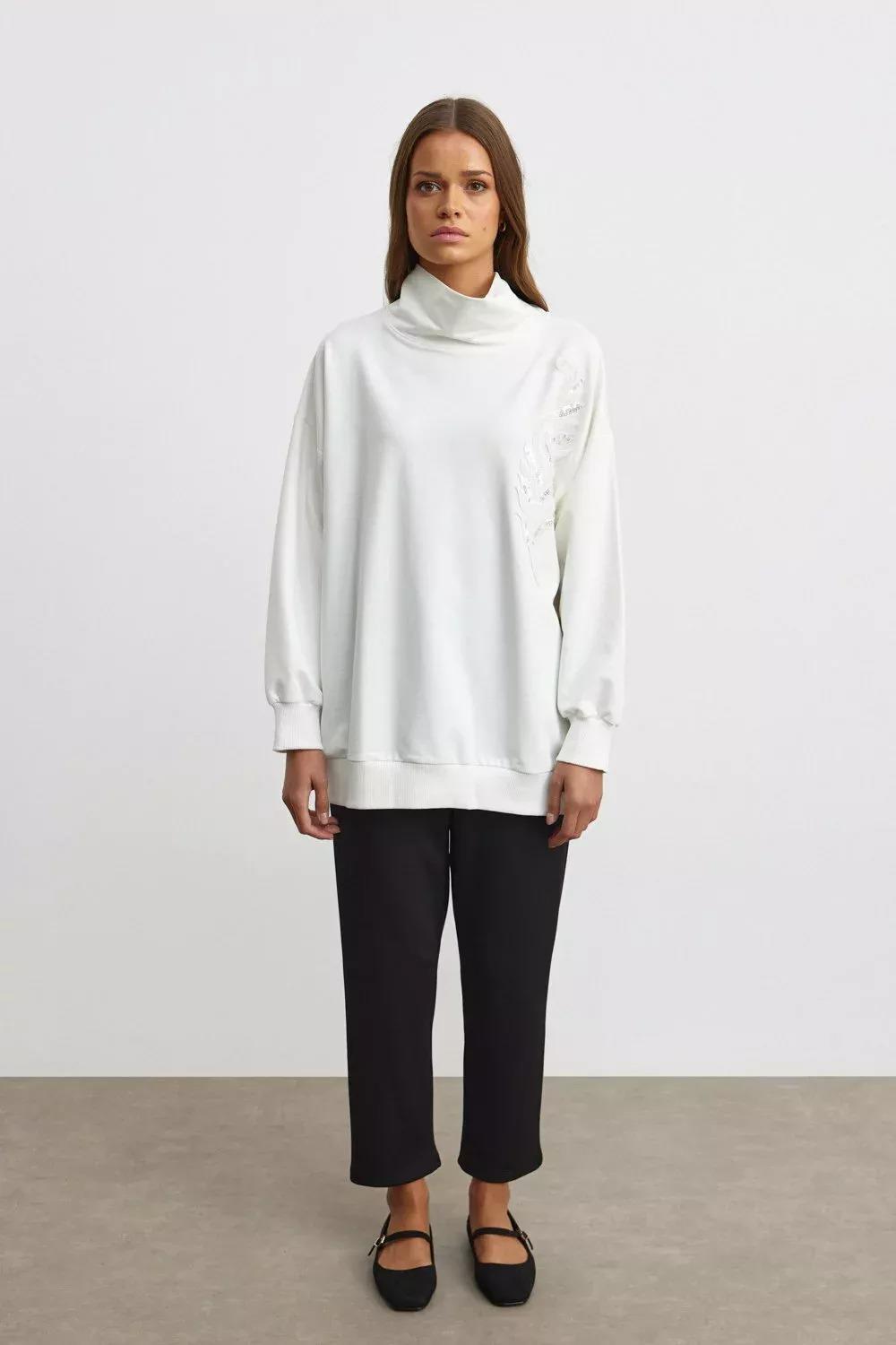 MERWİSH Merwish 1144 Nakış Sweat Tunik - Ekru  Tunik 