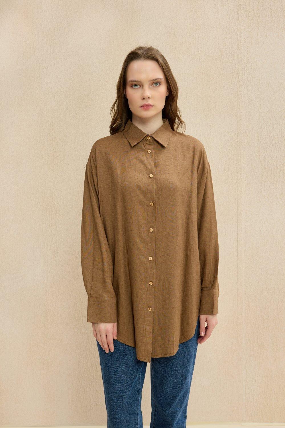 MERWİSH Merwish 1362 Düğme Keten Gömlek Tunik - Camel Merwish 1362 Düğme Keten Gömlek Tunik - Bilen Giyim Tunik 