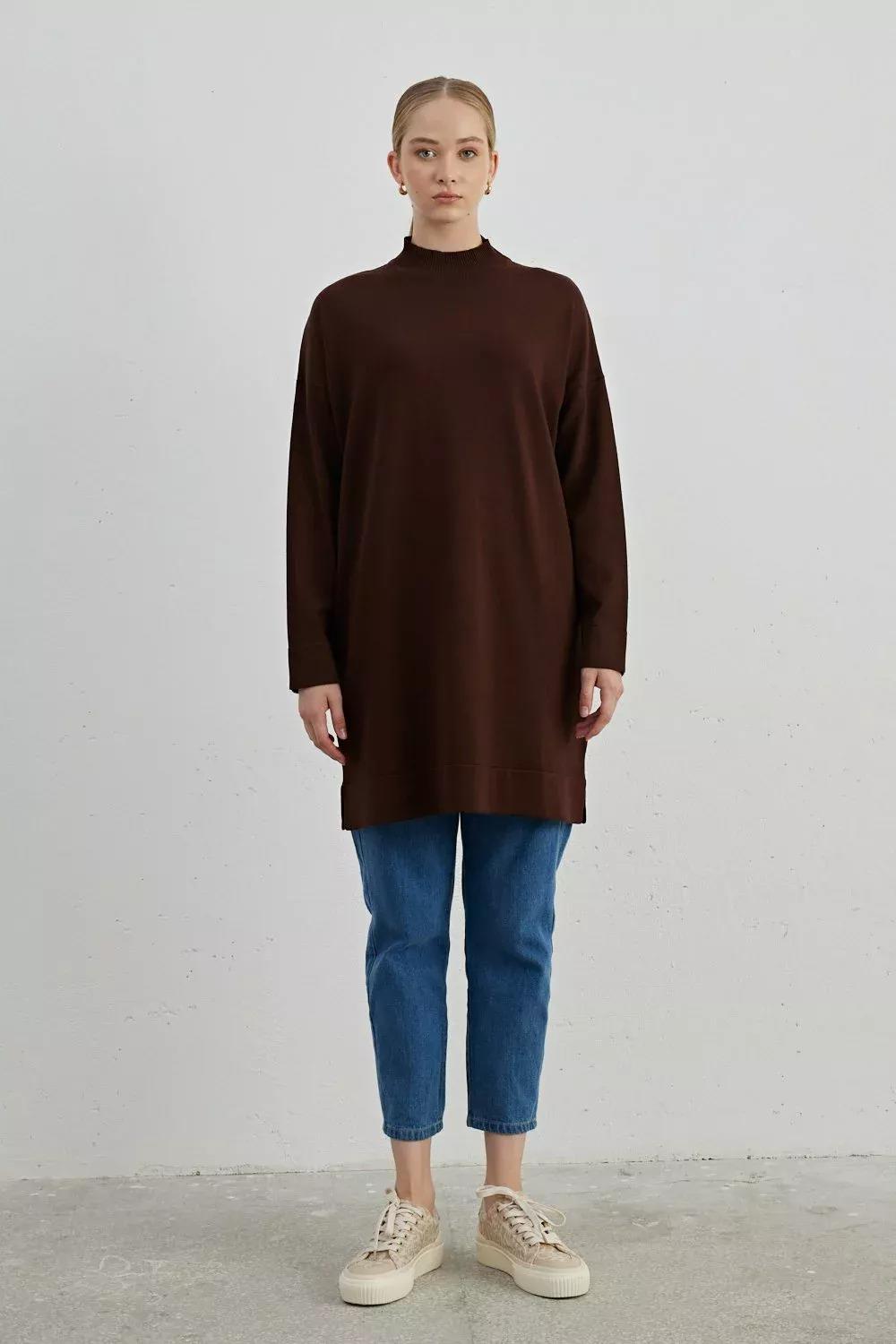 MERWİSH Merwish  703 Yarım Balıkçı Tunik - Kahve  Tunik 