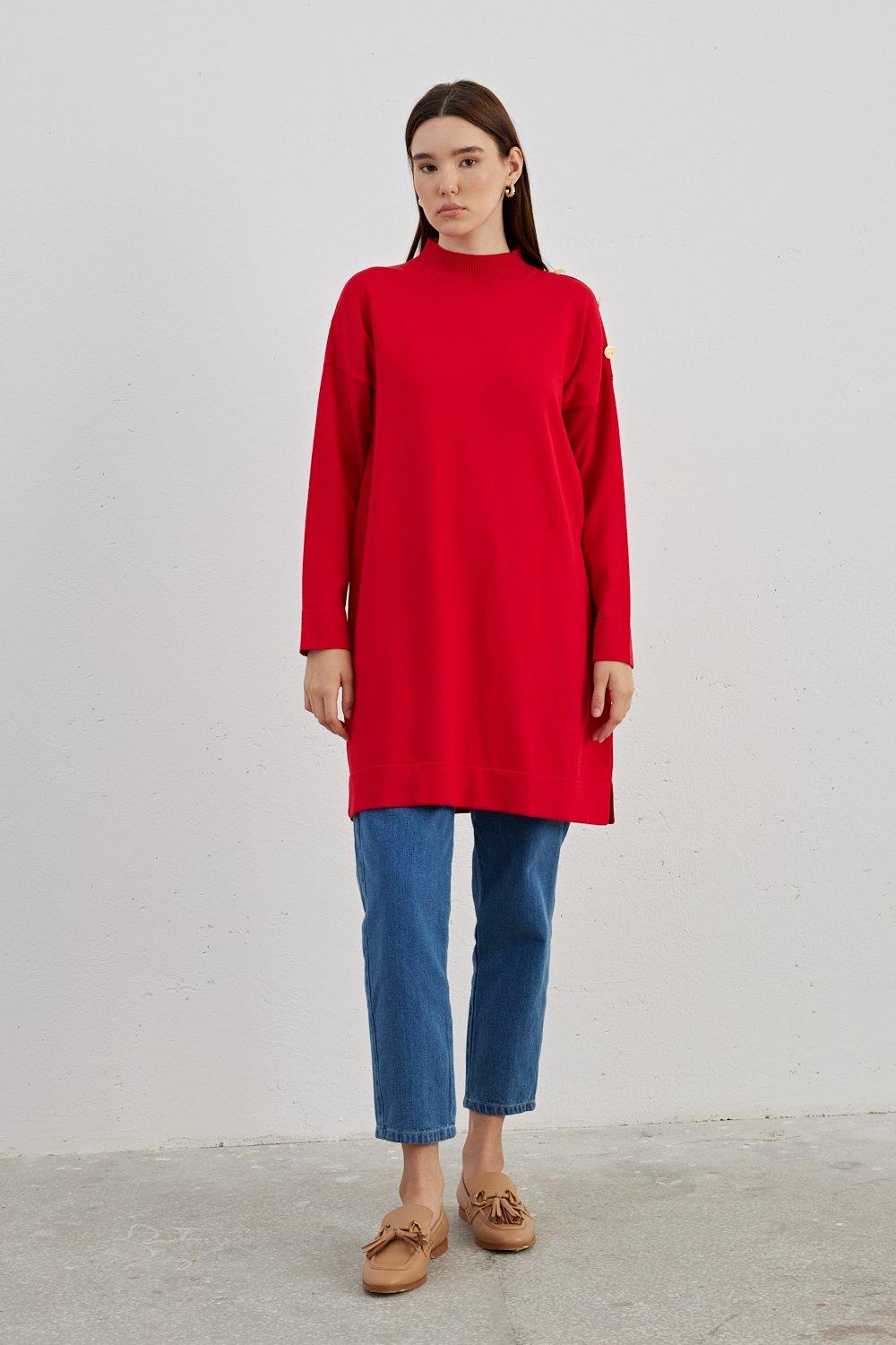 MERWİSH Merwish  704 Omuz Düğmeli Tunik - Kırmızı  Tunik