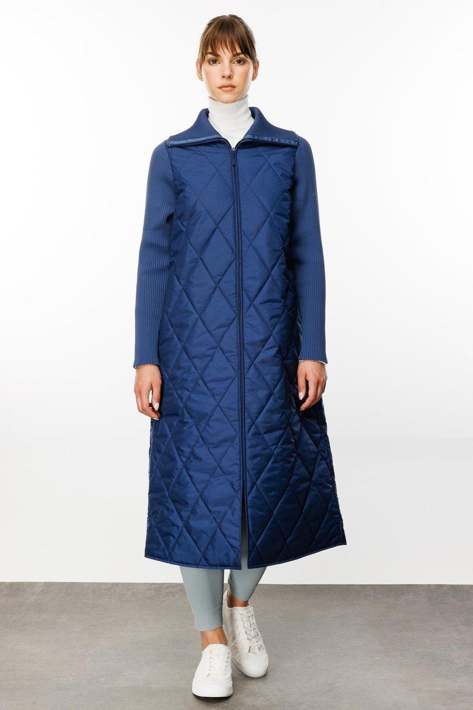 MİCCA Micca 242520M Classy Triko Yaka Ve Kol Detaylı Hafif Kaban - Lacivert  Kaban & Mont 