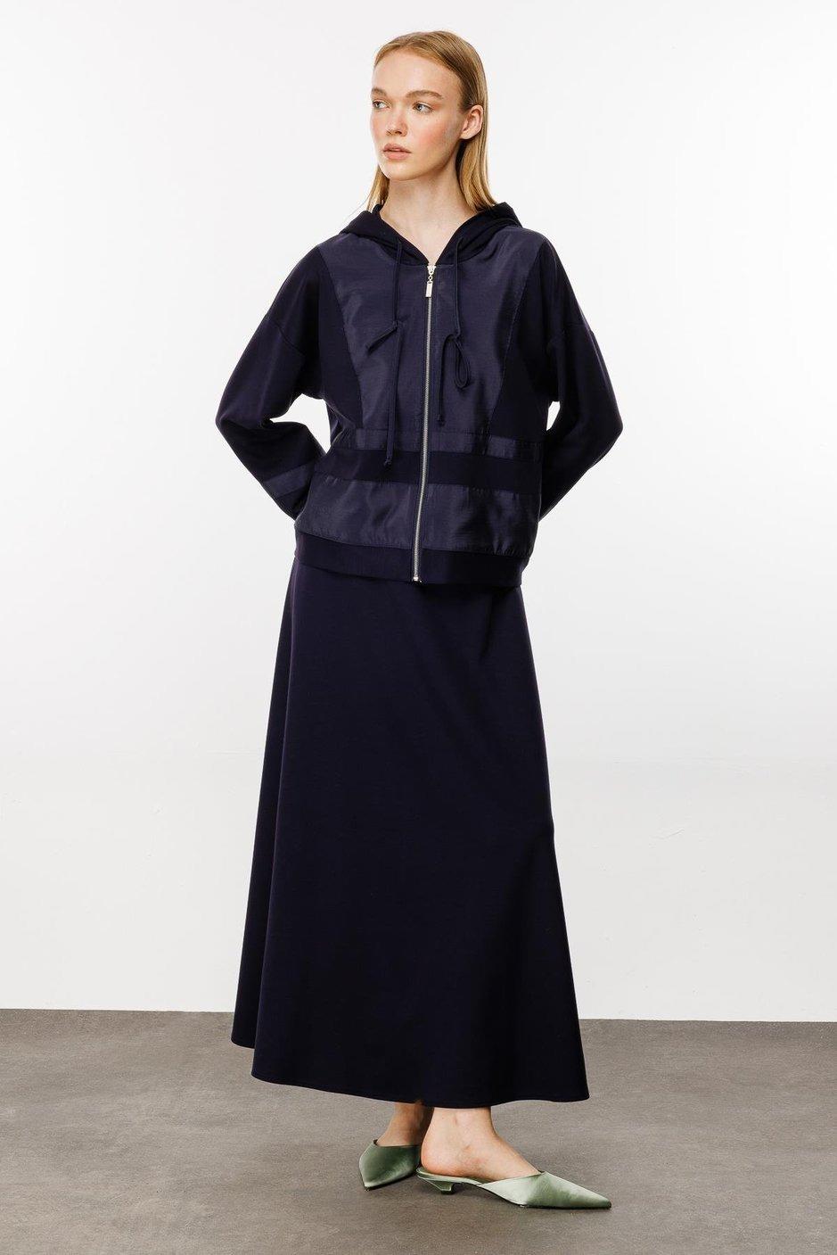 MİCCA Micca 242523M D-Lay Tafta Garni Etekli Örme Takım - Lacivert  Takım 