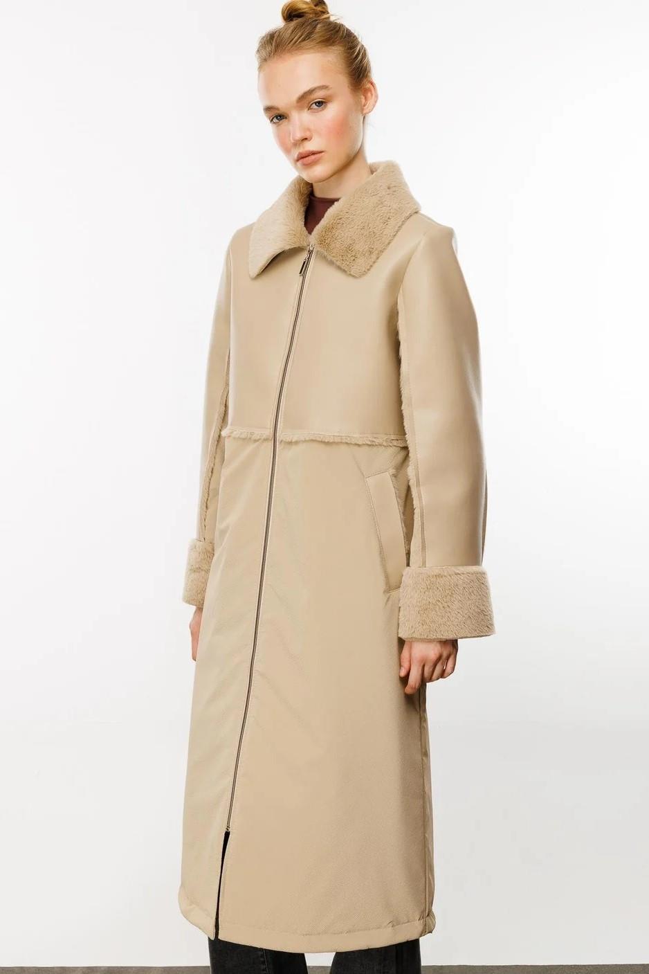 Micca 242569M Deri Garnili Yakası Kürklü Hafif Kaban - Taş - Bilen