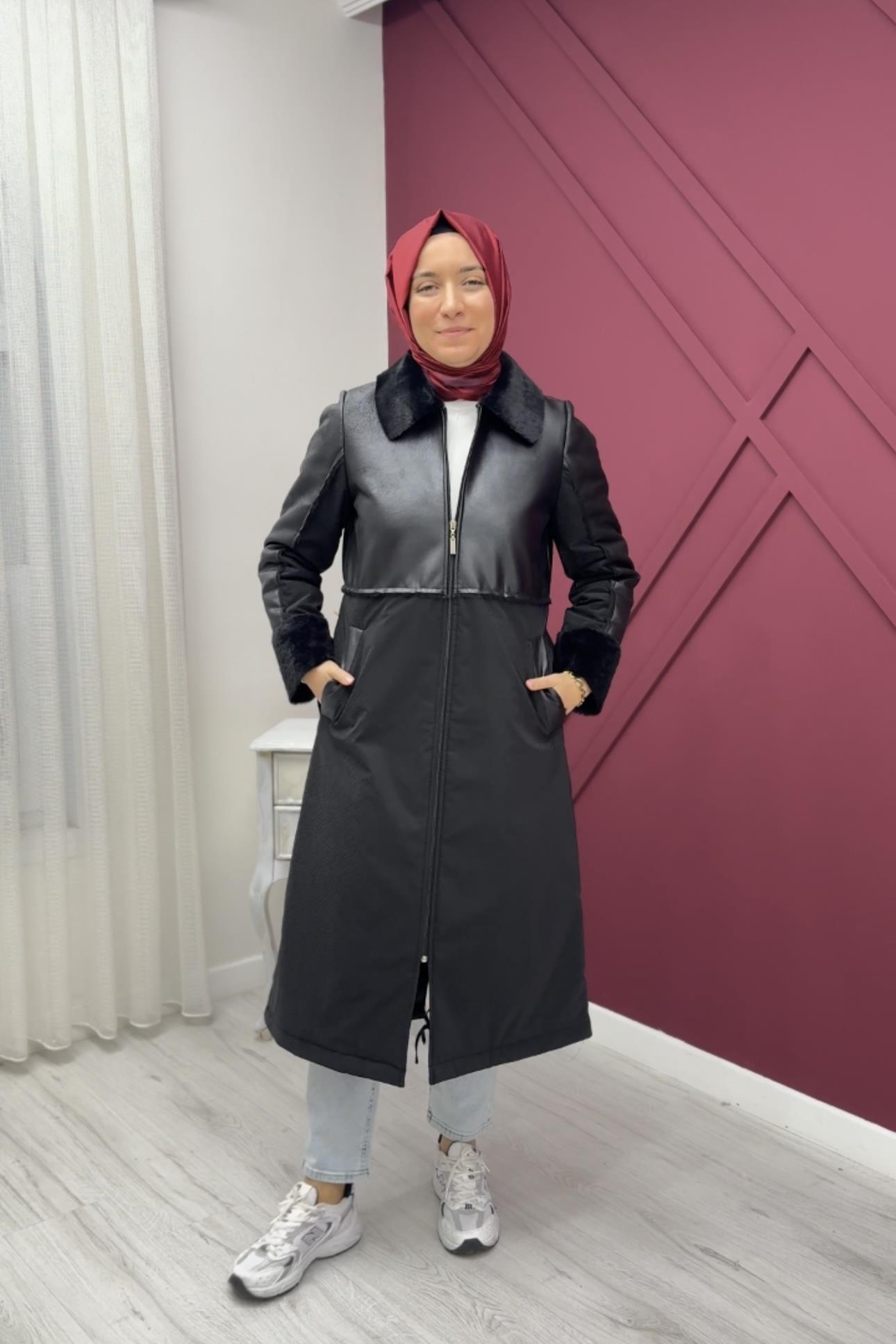 MİCCA Micca 242579M Yaka Kürk Detay Deri Görünümlü Mont - Siyah Micca 242579M Yaka Kürk Detay Deri Görünümlü Mont - Siyah - Bilen Giyim Kaban & Mont 