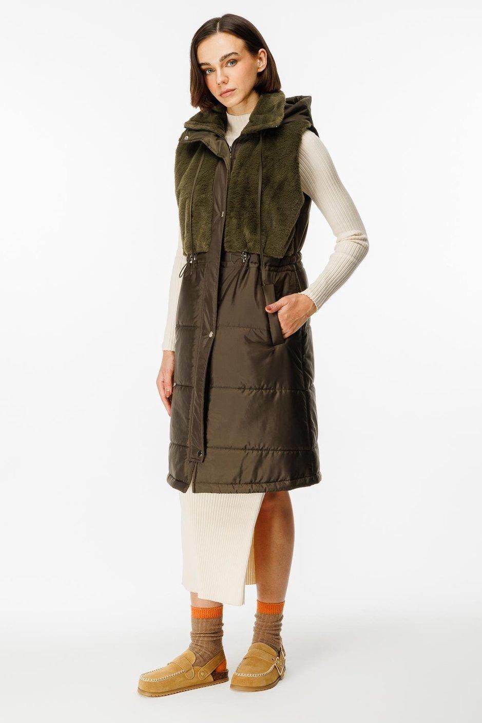 MİCCA Micca 242710M Puf Kapitone Dolgulu Soft Peluş Garni Yelek - Haki  Yelek 