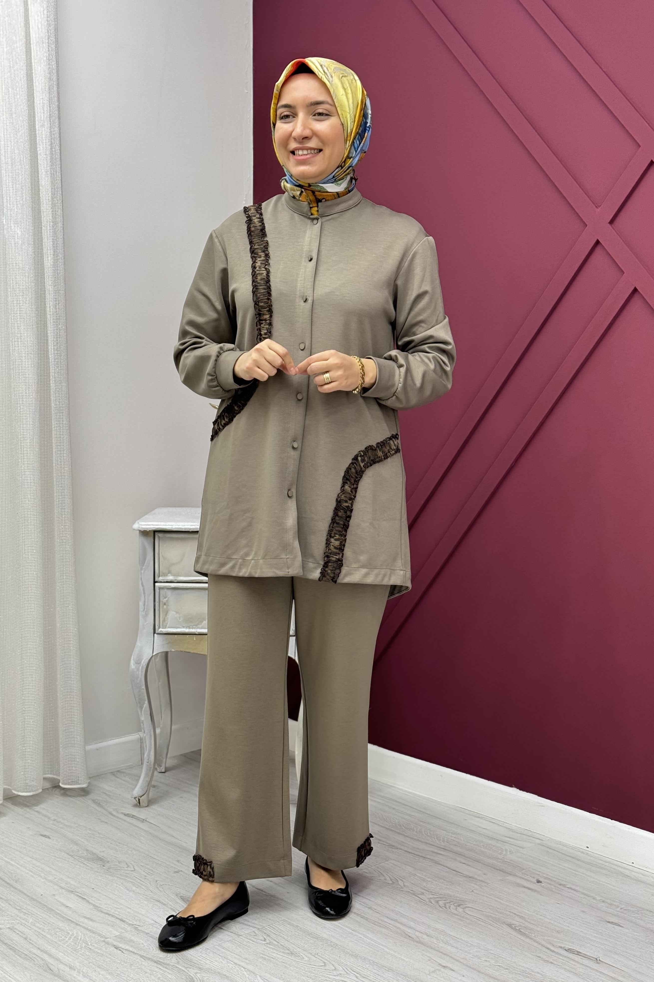 MİCCA Micca 242855M Leopar Tül Detay Pantolonlu Takım - Vizon Micca 242855M Leopar Tül Detay Pantolonlu Takım - Vizon - Bilen Giyim Takım 