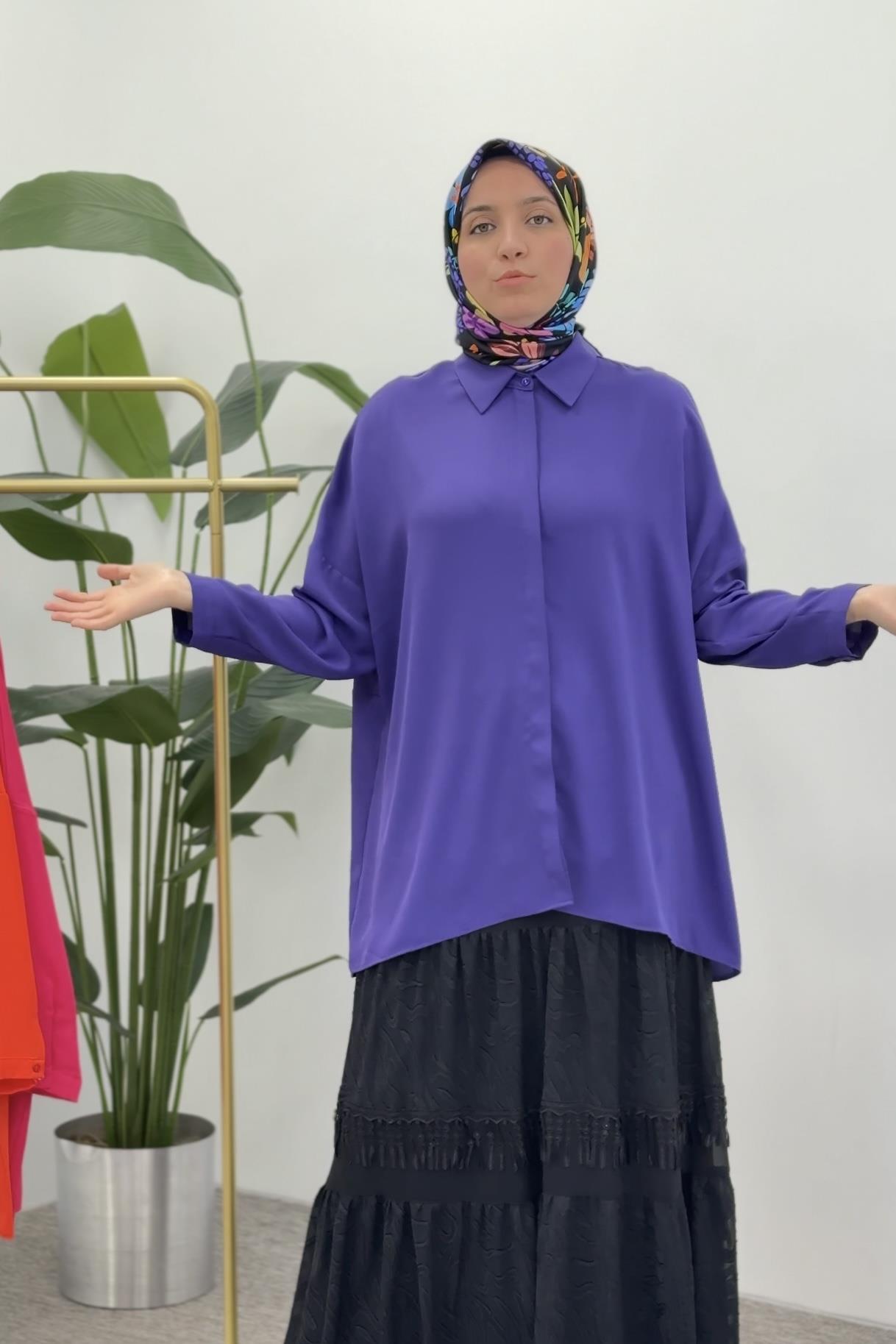 MİCCA Micca 251402M Oversize Gömlek Tunik - Mor Micca 251402M Oversize Gömlek Tunik - Bilen Giyim Tunik 