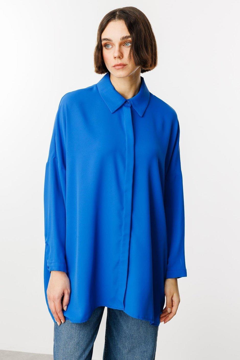 MİCCA Micca 251402M Oversize Gömlek Tunik - Saks Micca 251402M Oversize Gömlek Tunik - Saks - Bilen Giyim Tunik 