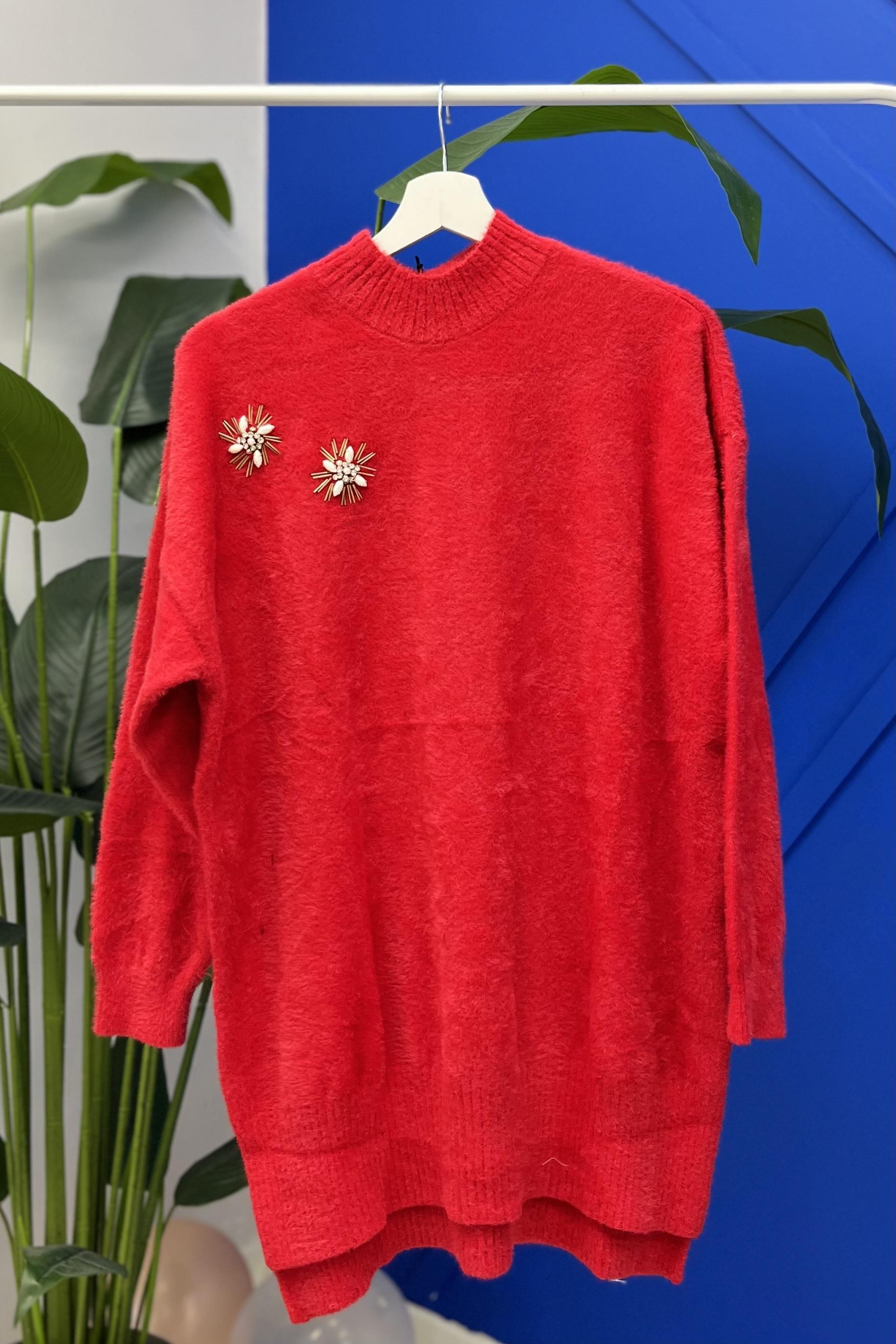 MİSSEMRAMİSS Missemramiss 4224 Taş İşlemeli Angora Kazak - Kırmızı  Kazak & Hırka