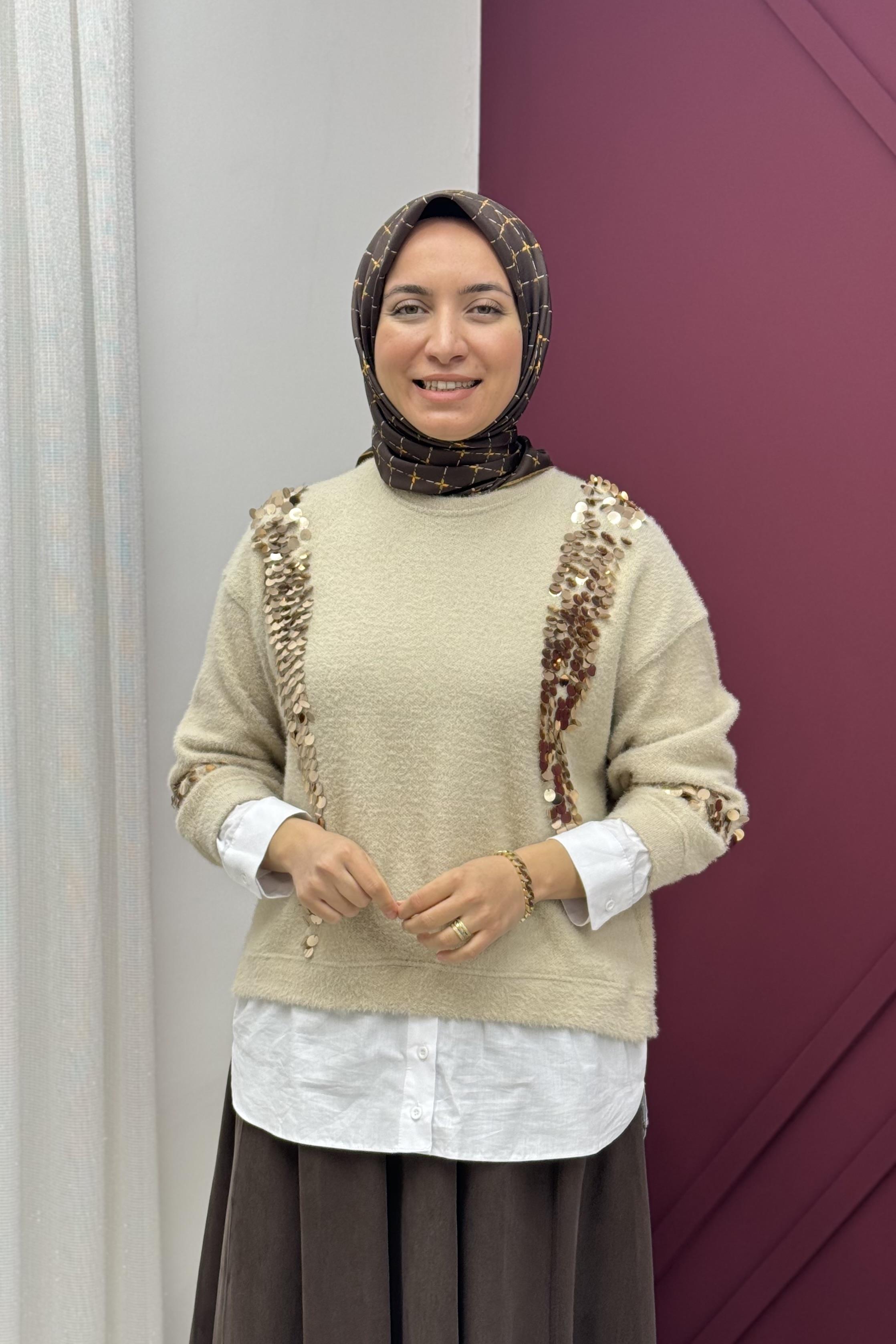 MİSSEMRAMİSS Missemramiss 4653 Pullu Gömlek Garni Angora Tunik - Bej  Tunik 