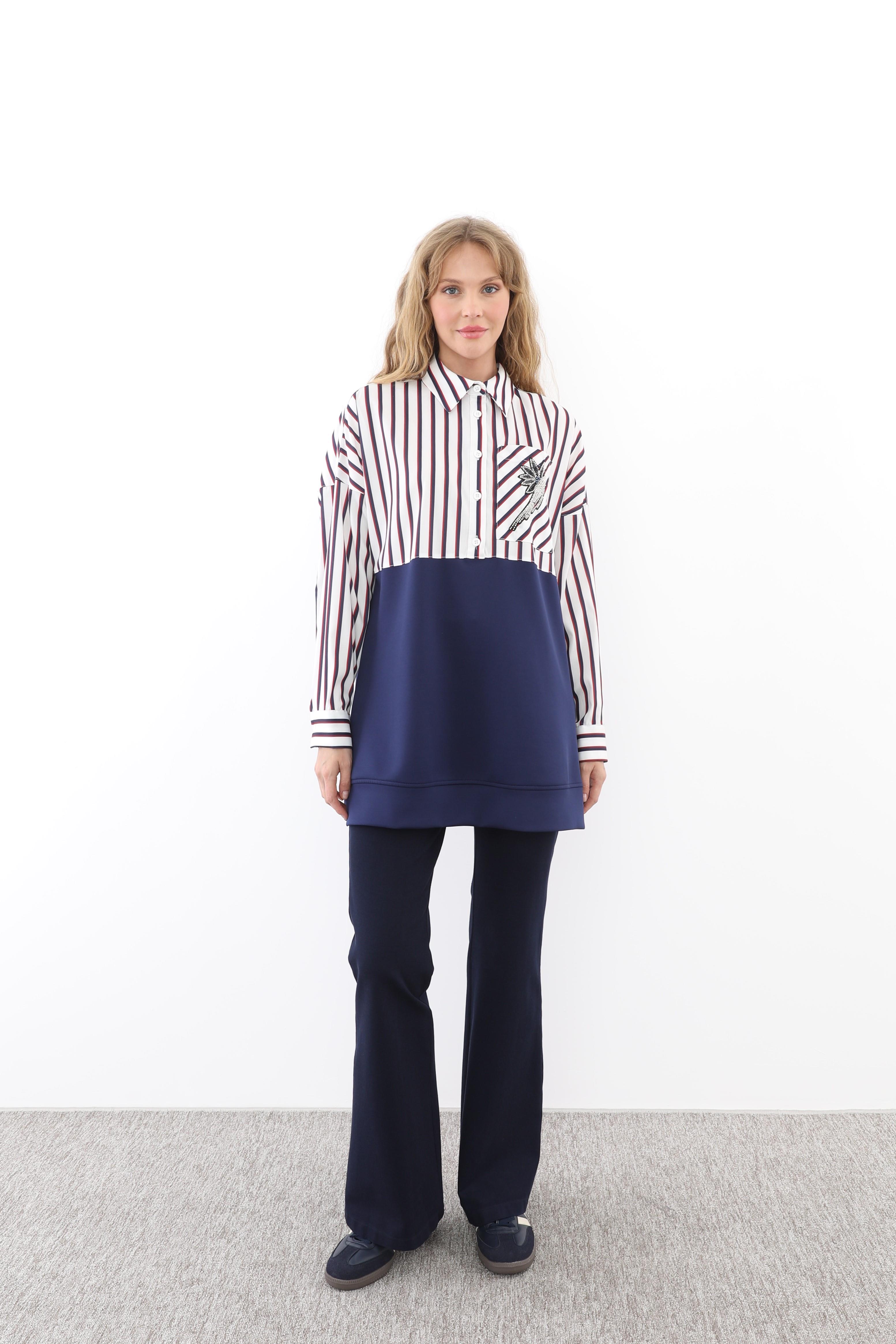 MİSSEMRAMİSS Missemramiss 4661 Gömlek Garni İşlemeli Sweatshirt - Lacivert  Tunik 