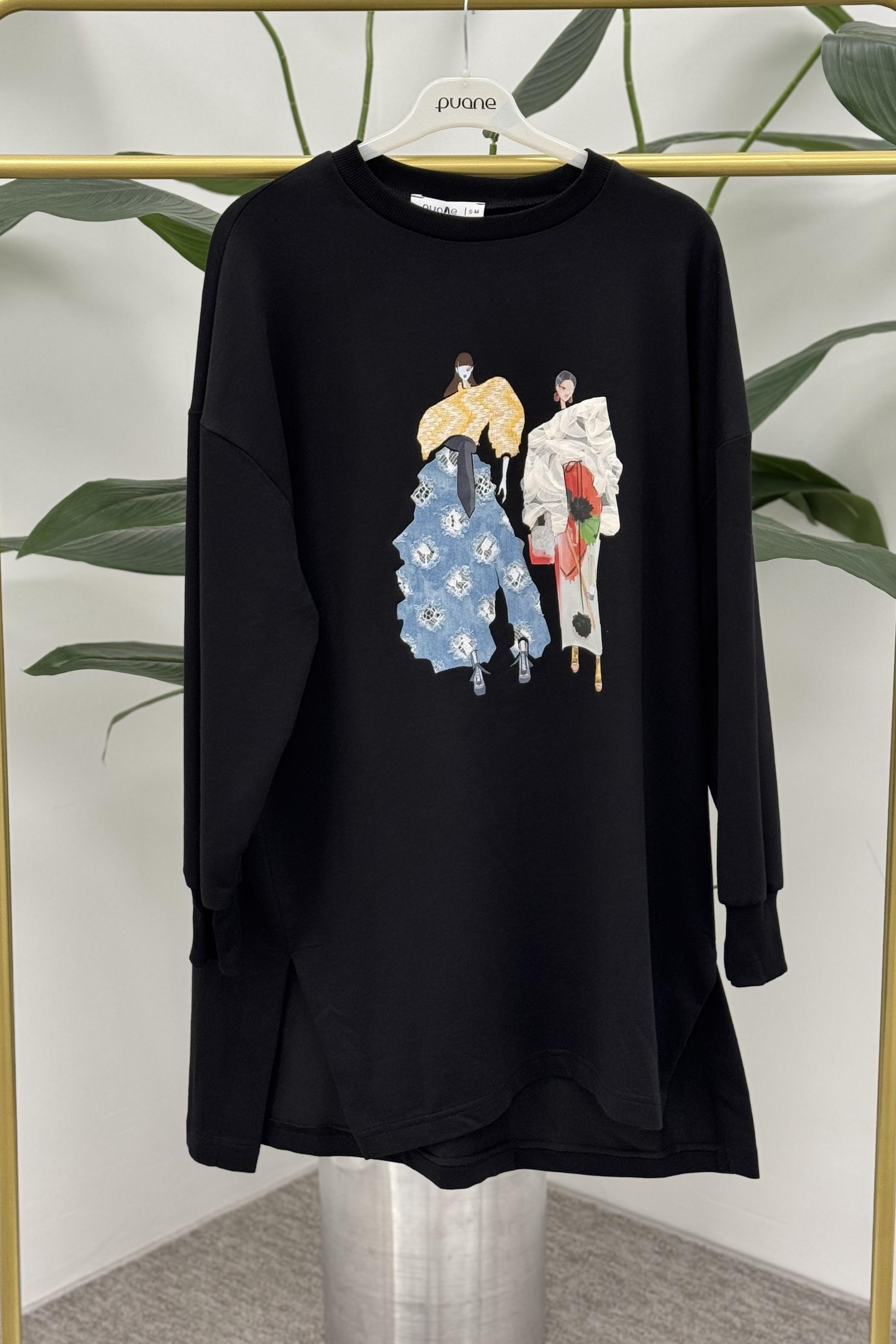 PUANE Moda İcon Kız Baskılı Tunik 10634 - Siyah Moda İcon Kız Baskılı Tunik 10634 - Bilen Giyim Tunik 