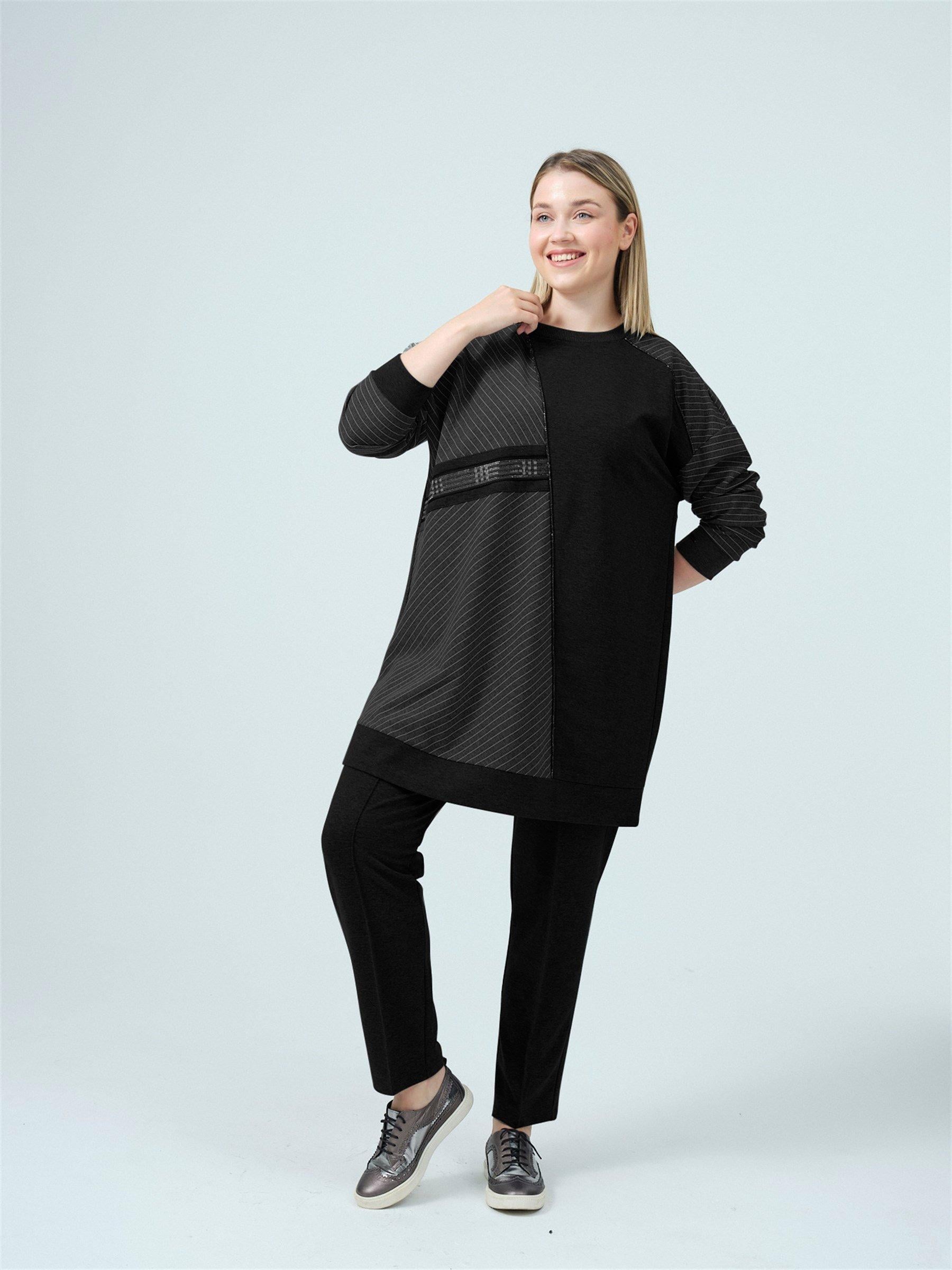 MOODBASİC Moodbasic Bb08.280 Çizgili Büyük Beden Takım - Siyah  Takım 