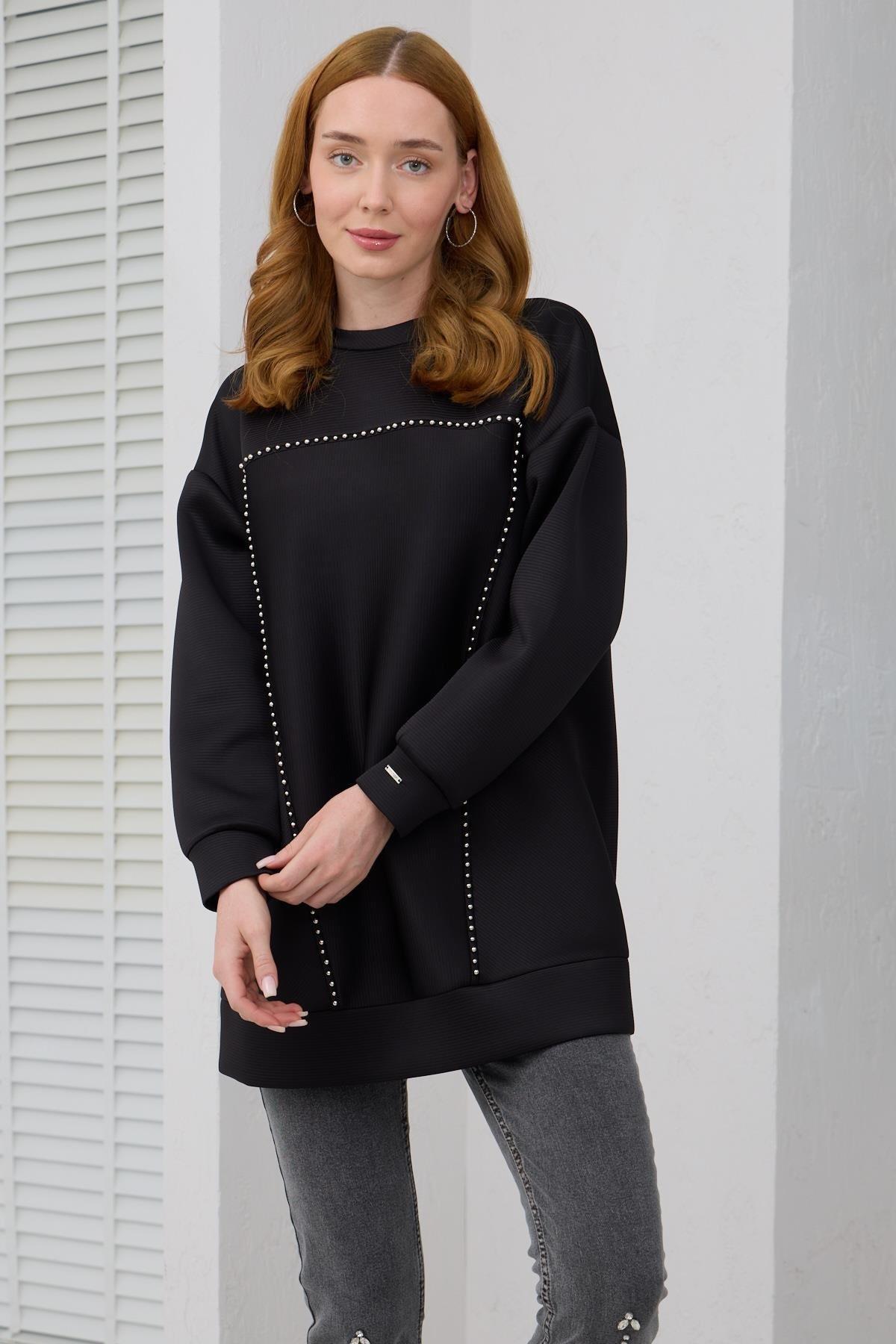 MOODBASİC Moodbasic Mb21.287 Gümüş İncili Scuba Tunik - Siyah  Tunik 