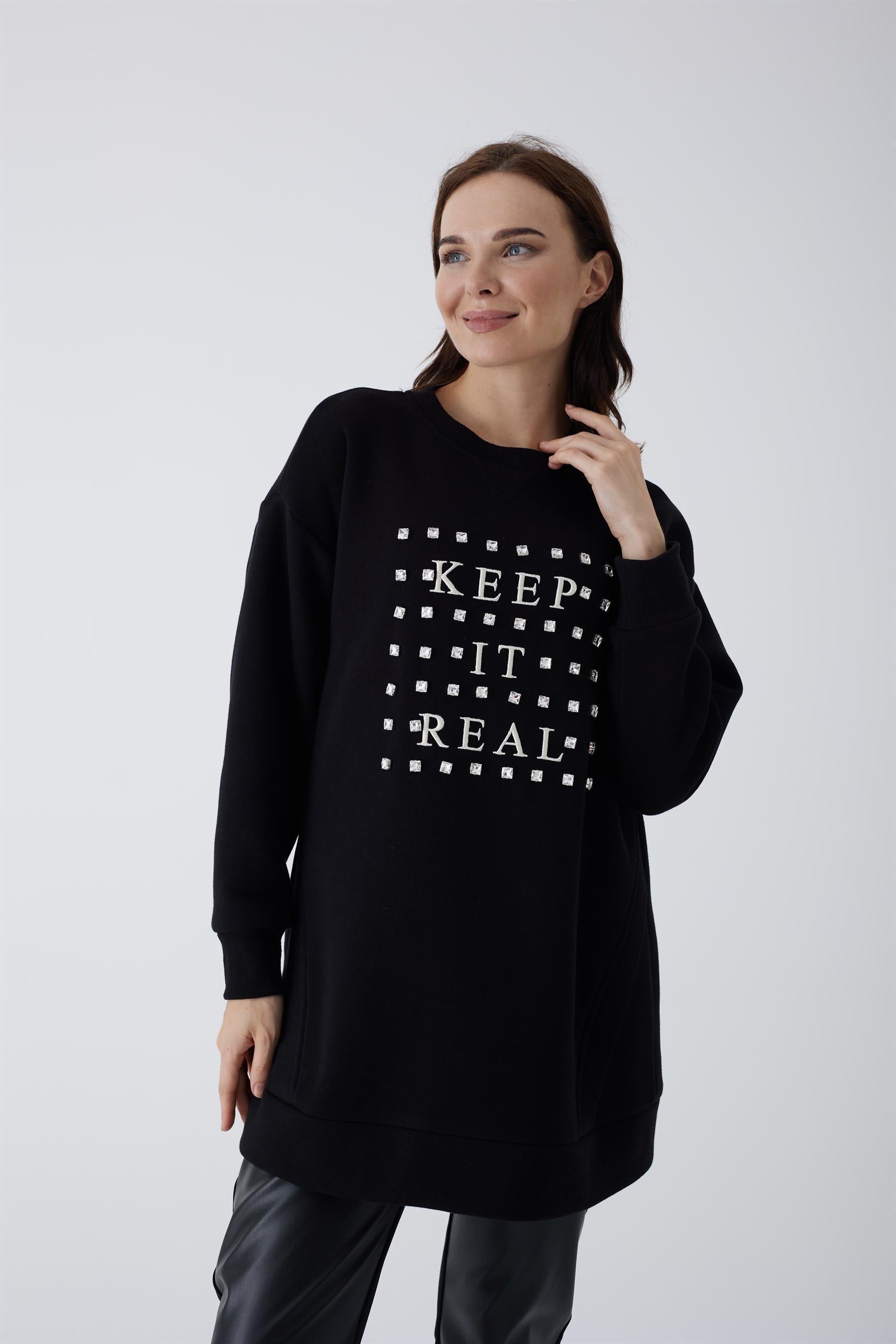 MOODBASİC Moodbasic Mb21.250 Taşlı Yazılı İçi Tüylü Tunik - Siyah  Tunik 