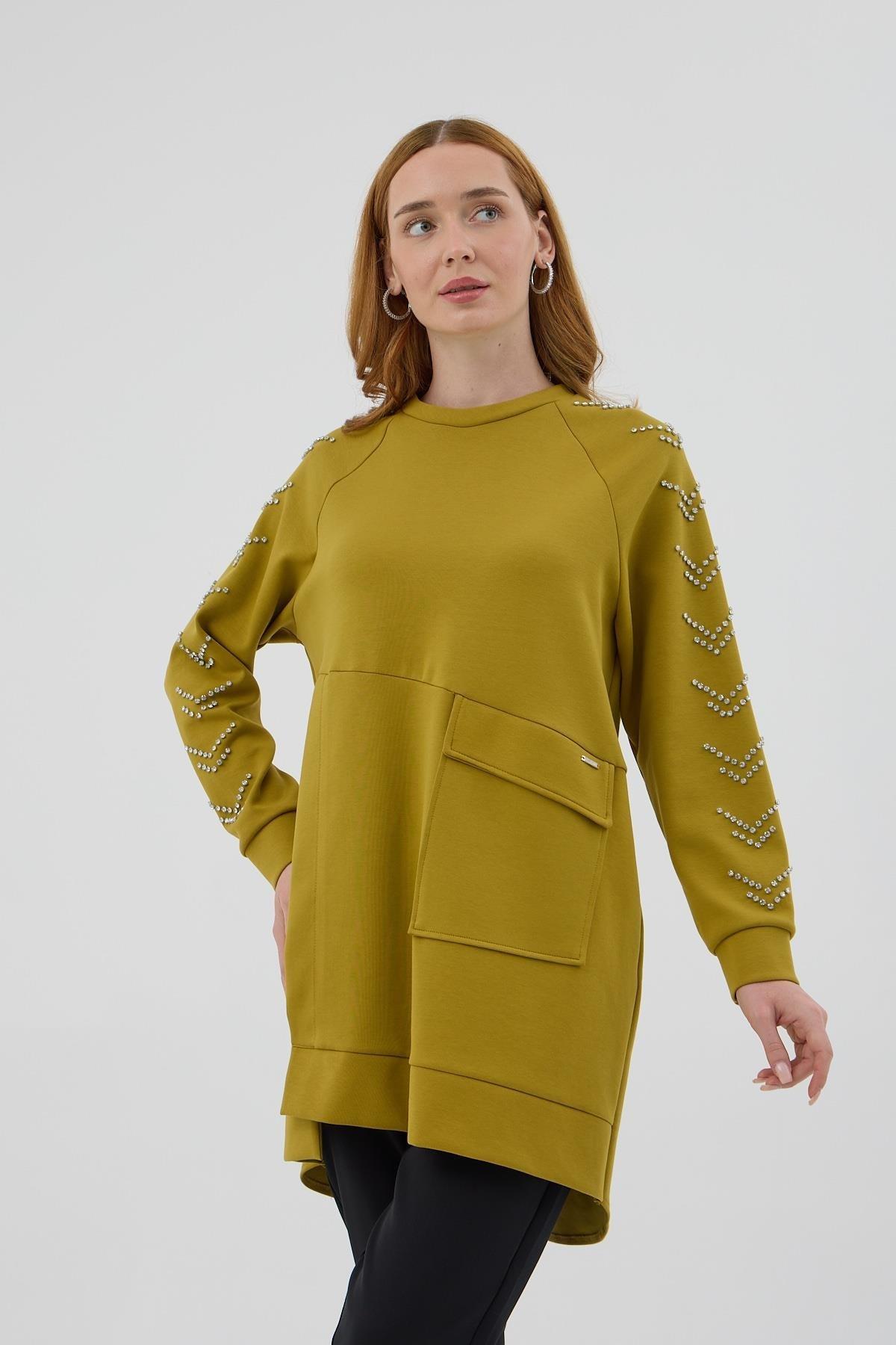 MOODBASİC Moodbasic Mb21.278 Kolları Çakma Taşlı Önü Cepli Tunik - Yağ Yeşili  Tunik 