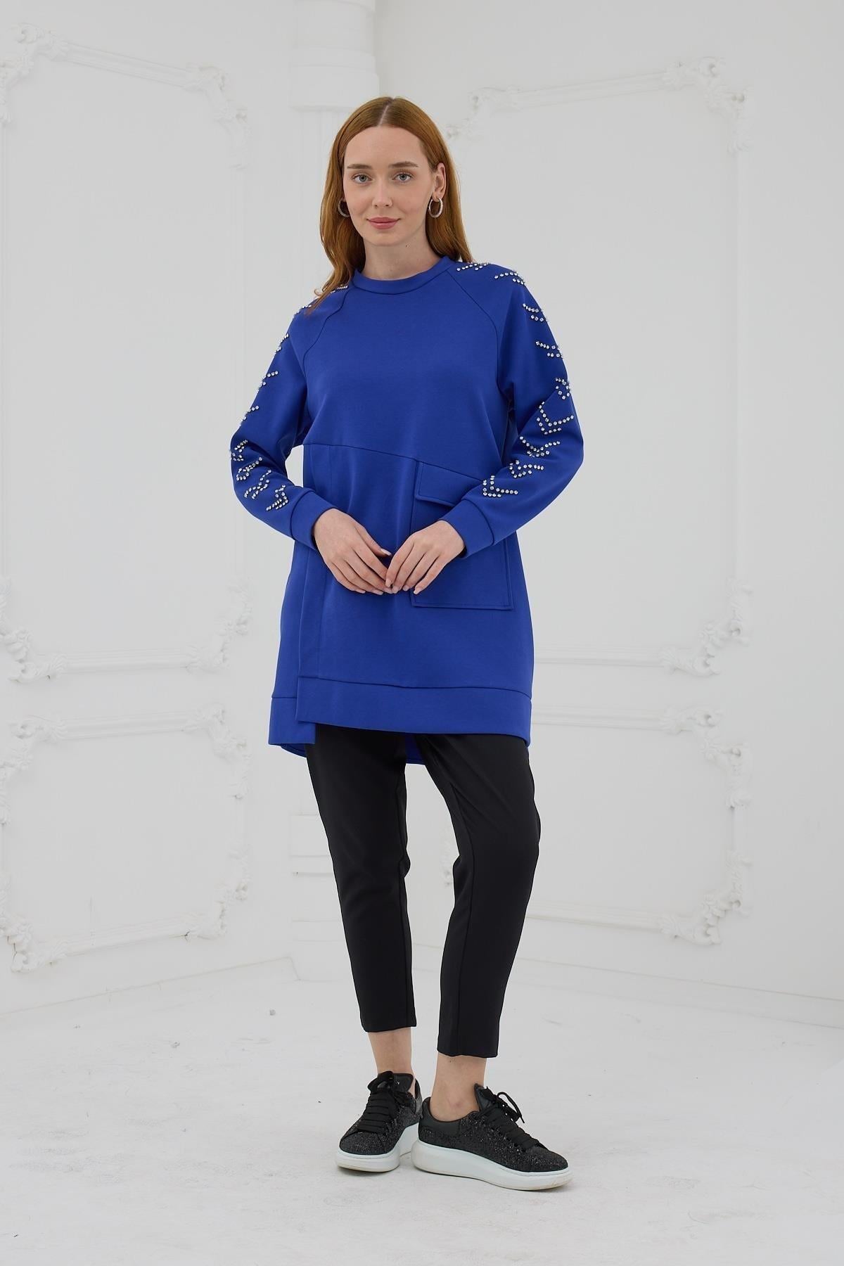 MOODBASİC Moodbasic Mb21.278 Kolları Çakma Taşlı Önü Cepli Tunik - Saks  Tunik 