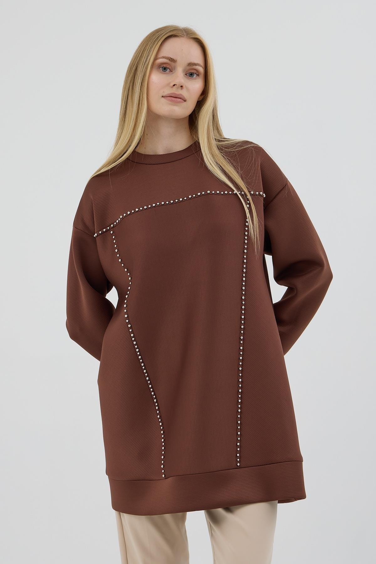MOODBASİC Moodbasic Mb21.287 Gümüş İncili Scuba Tunik - Kahve  Tunik 