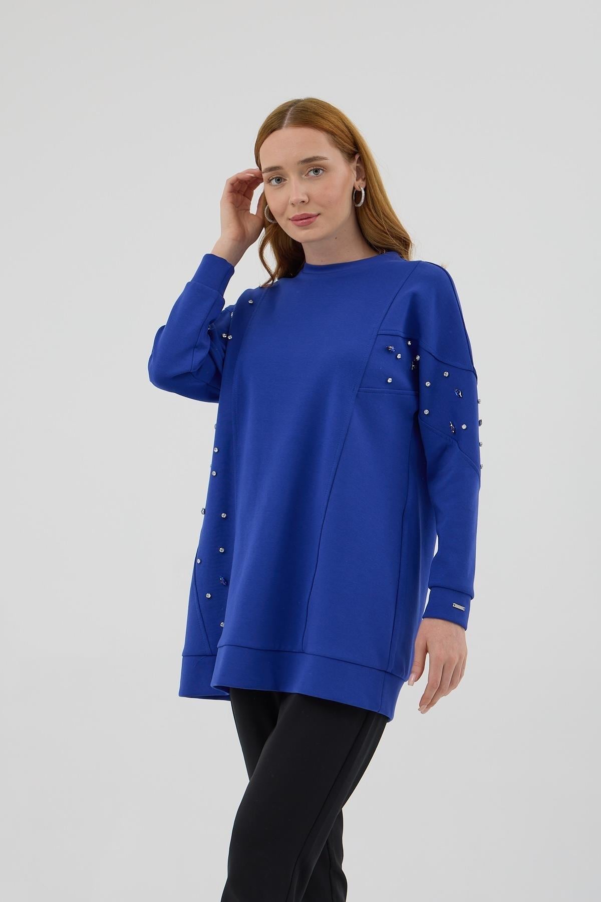 MOODBASİC Moodbasic Mb21.285 Asimetrik Kuplu Taşlı Tunik - Saks  Tunik 