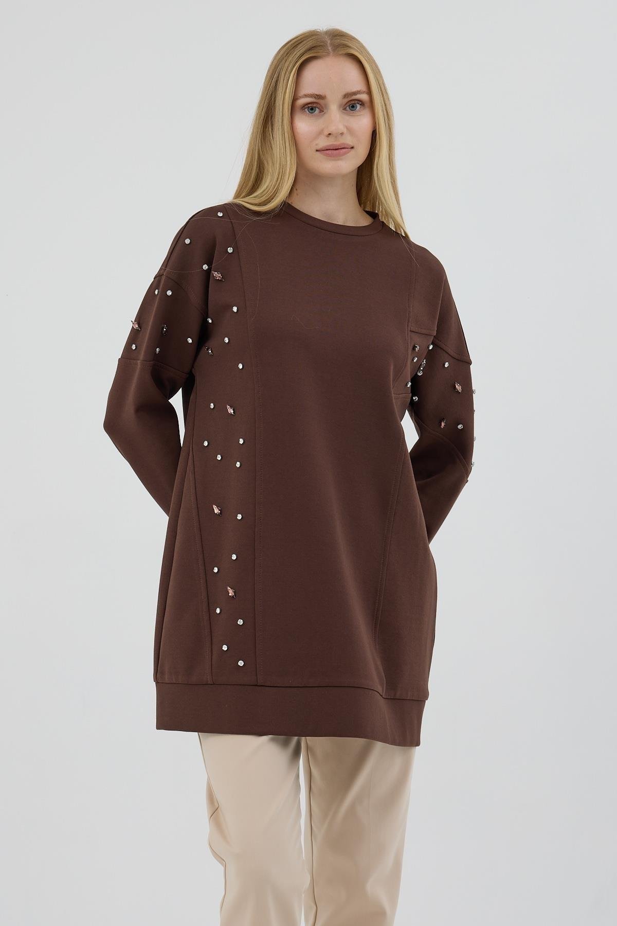 MOODBASİC Moodbasic Mb21.285 Asimetrik Kuplu Taşlı Tunik - Kahve  Tunik 