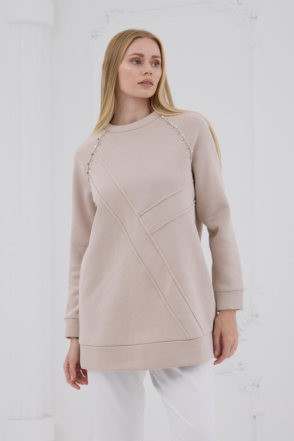 MOODBASİC Moodbasic Mb21.286 İçi Polarlı Zımbalı Tunik - Bej  Tunik 