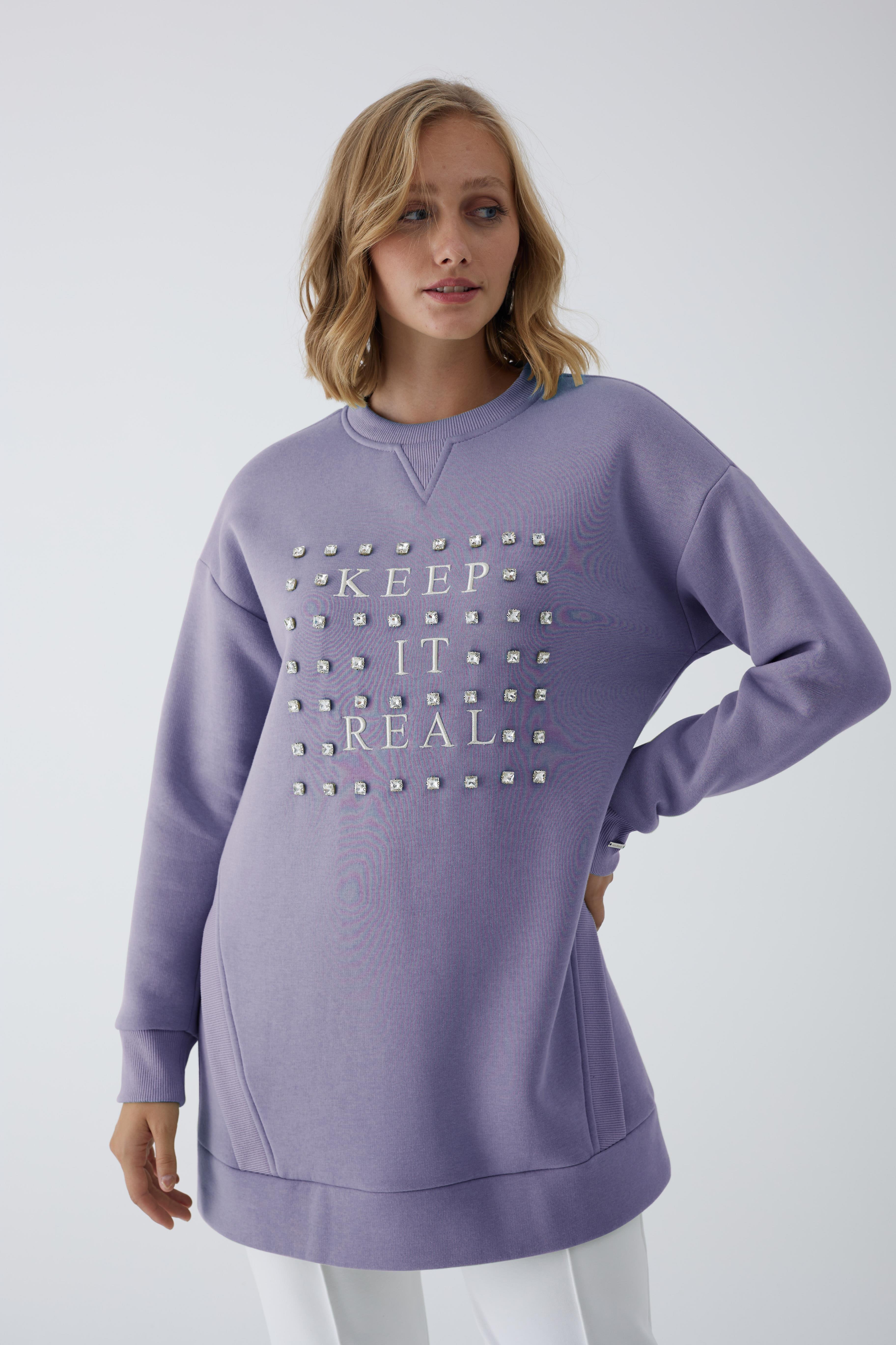 MOODBASİC Moodbasic Mb21.250 Taşlı Yazılı İçi Tüylü Tunik - Lila  Tunik 
