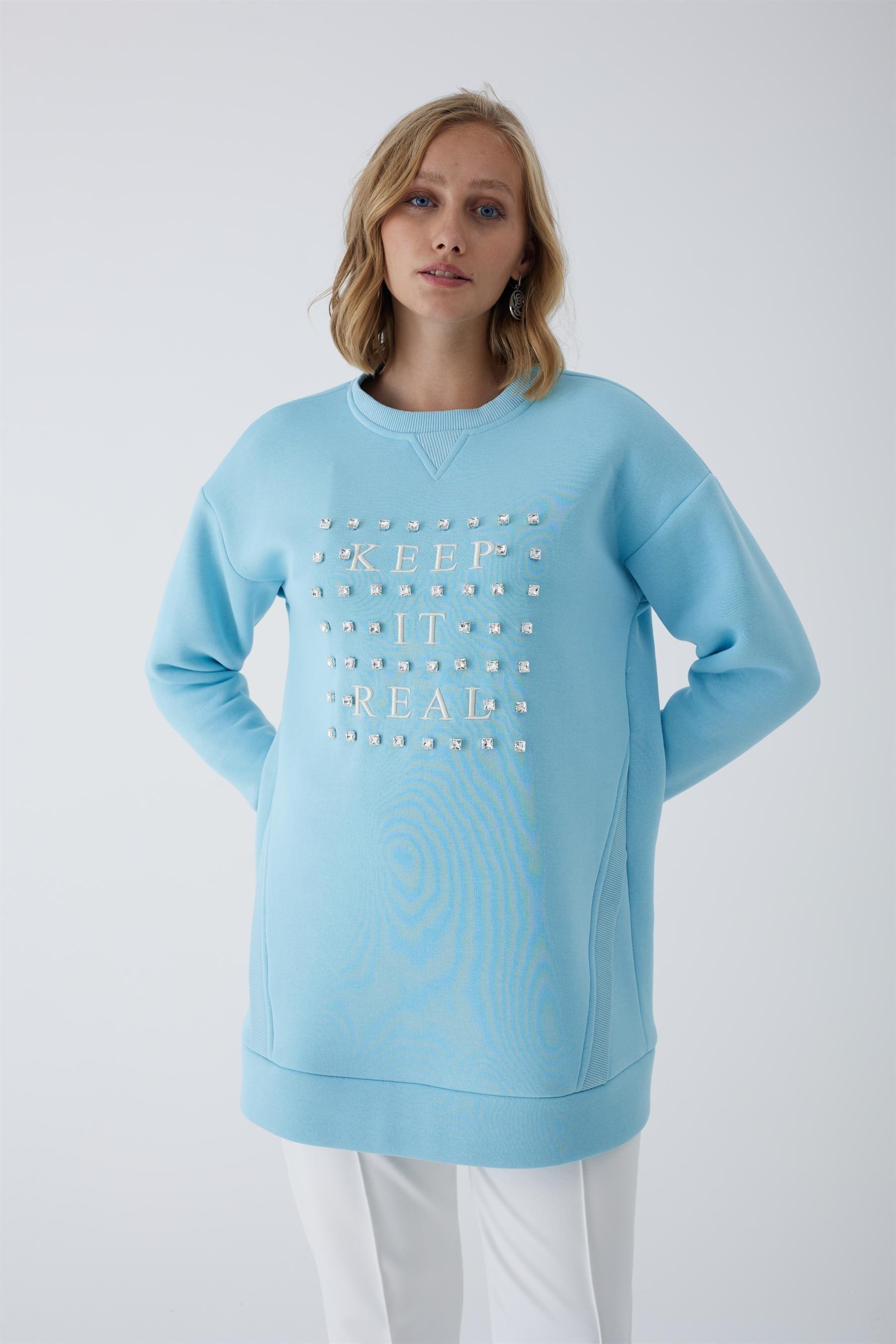 MOODBASİC Moodbasic Mb21.250 Taşlı Yazılı İçi Tüylü Tunik - Açık Mavi  Tunik 